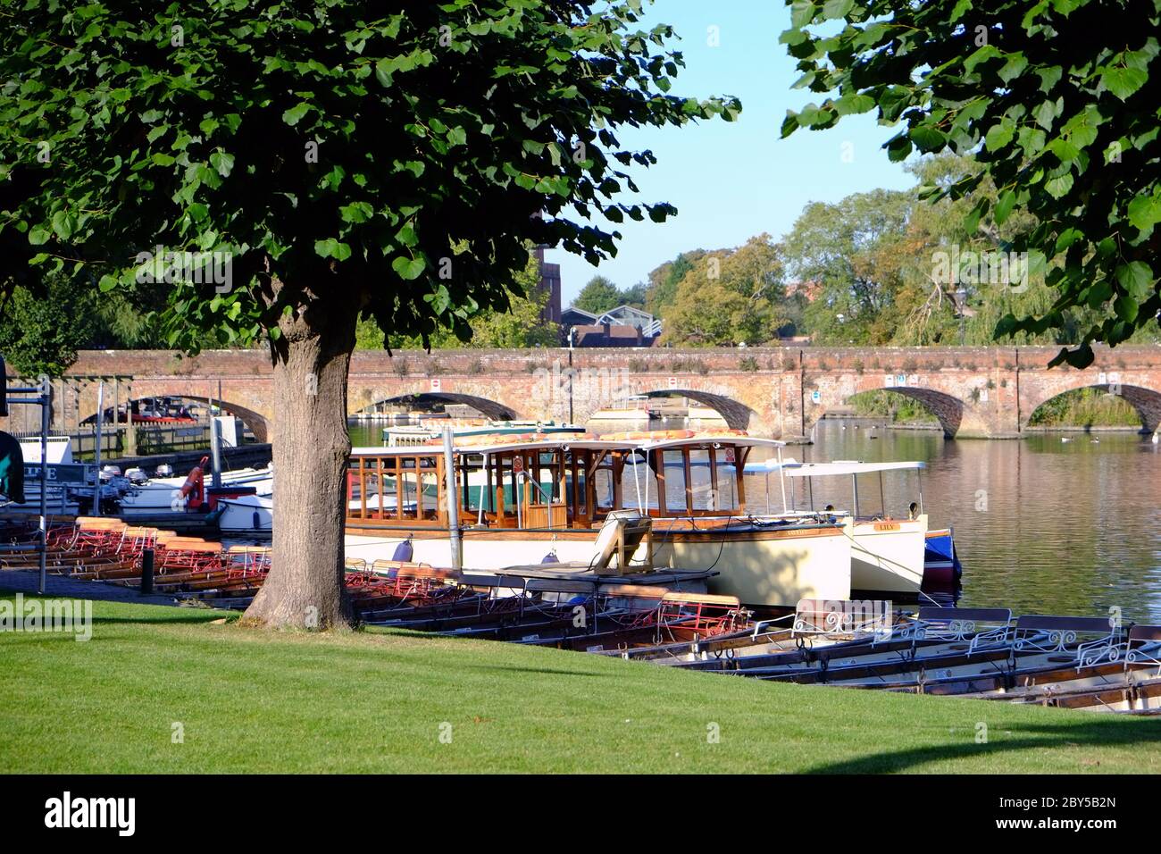 Tour boats and rowing boats on the River Avon, at Stratford-upon-Avon, Warwickshire, England. Stock Photo