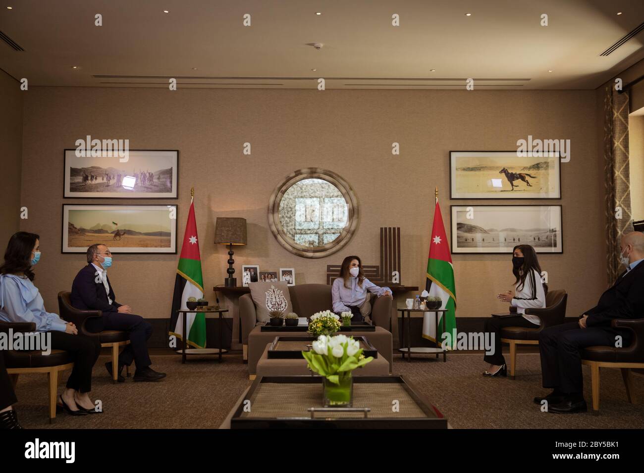 Amman, Jordan. 08th June, 2020. Queen Rania of Jordan in Amman, on June 08,  2020, meets with the teams behind digital health platform Altibbi and the  Royal Health Awareness SocietyCredit:Royal Hashemite Court/Albert