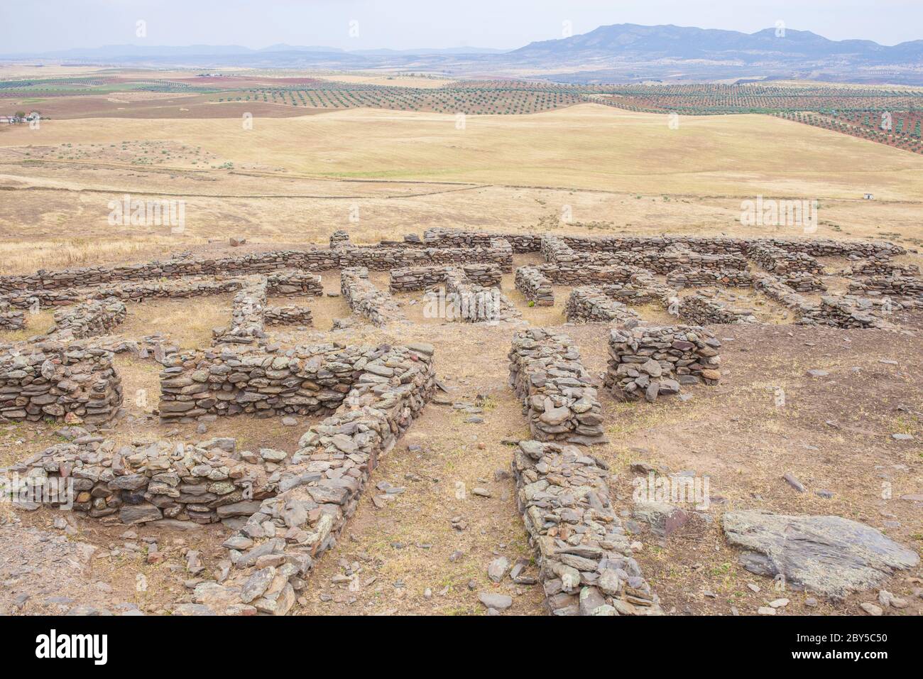 Hornachuelos houses. Roman-republican oppidum, 2nd Century BCE. Archaeological site at Ribera del Fresno, Spain Stock Photo