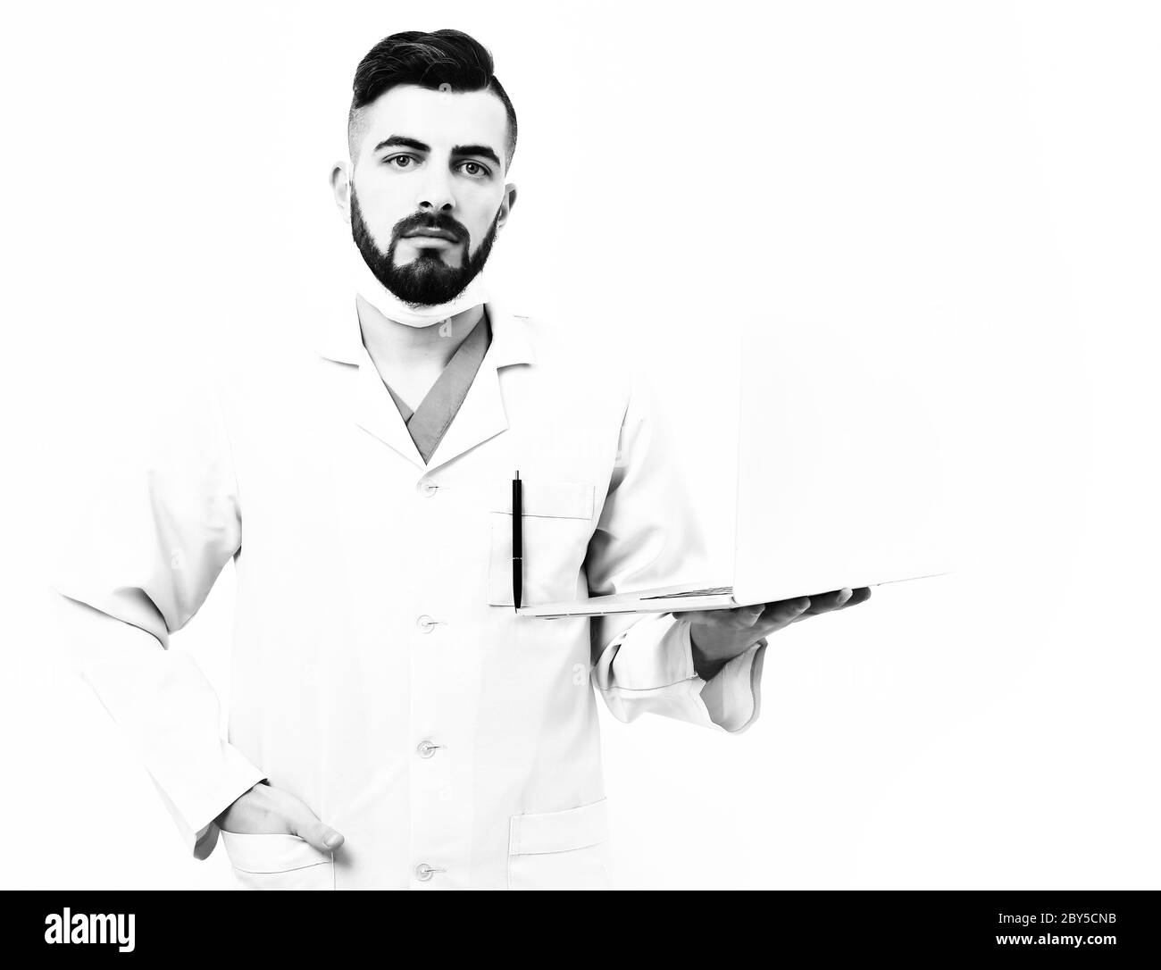 Guy in surgical mask isolated on white background. Treatment and