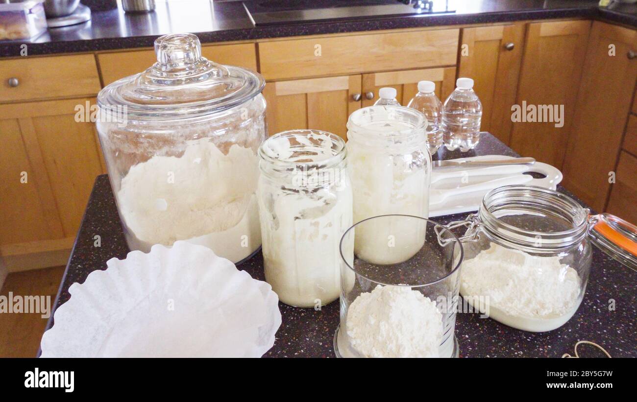 Feeding sourdough starter with water and flour Stock Photo Alamy