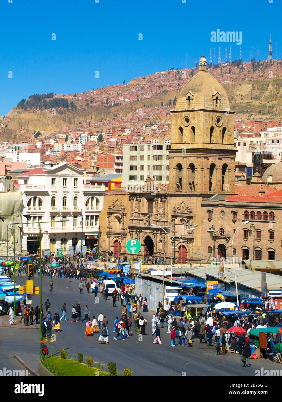 San Francisco Cathedral and crowded market in front of it, La Paz, Bolivia Stock Photo