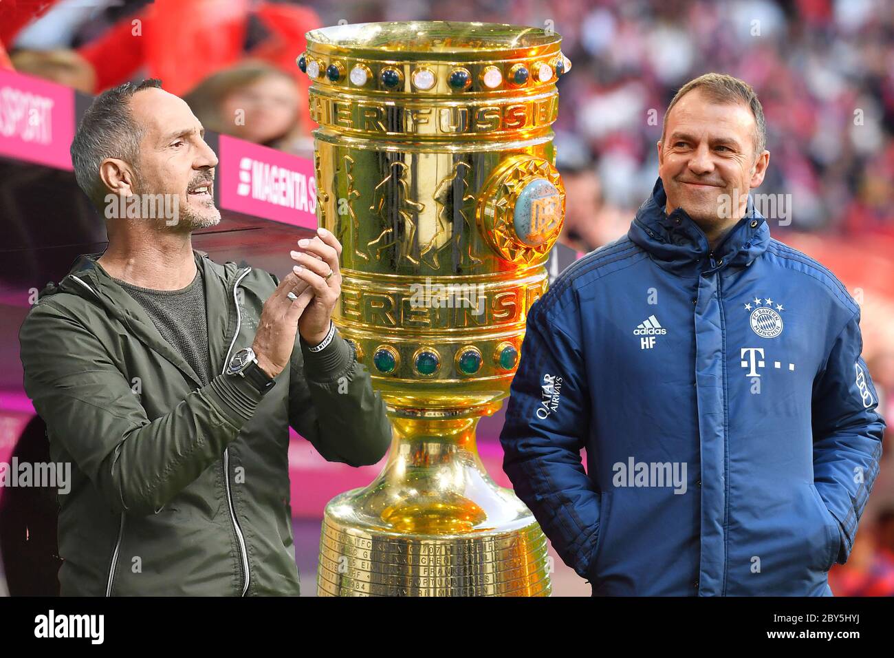 Photo Assembly Preview Of The Dfb Cup Semi Final Fc Bayern Munich Eintracht Frankfurt From Left Adi Huetter Coach Eintracht Frankfurt And Hans Dieter Flick Hansi Coach Fc Bayern Munich With The Dfb Pokal