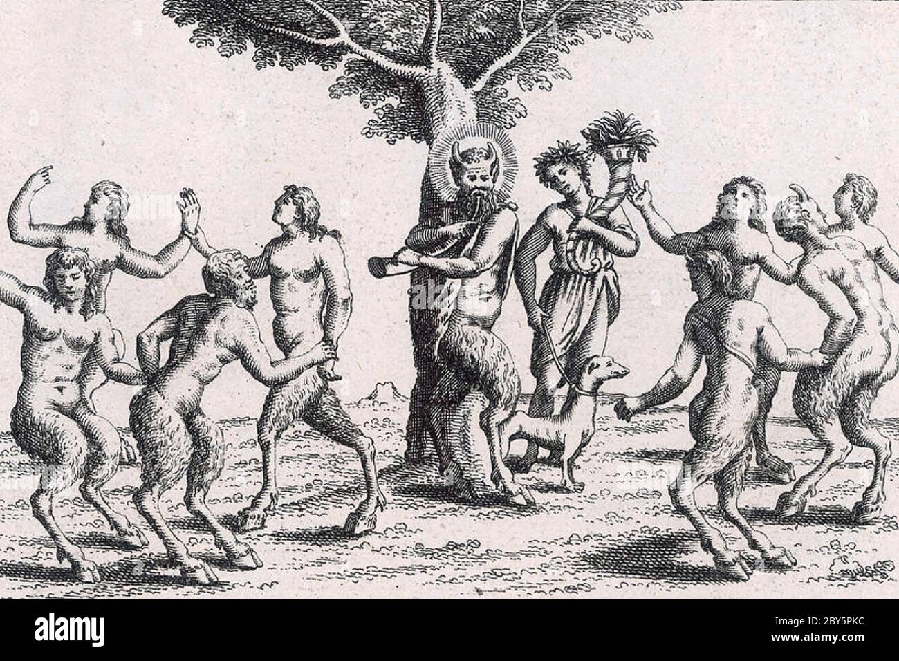 PAN 18th century French engraving showing the Greek mythological god playing his pipes while his followers dance Stock Photo