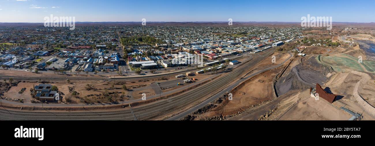 Broken Hill Australia December 2nd 2019 : Aerial panoramic view of the miners memorial and town of Broken Hill in New South Wales, Australia Stock Photo