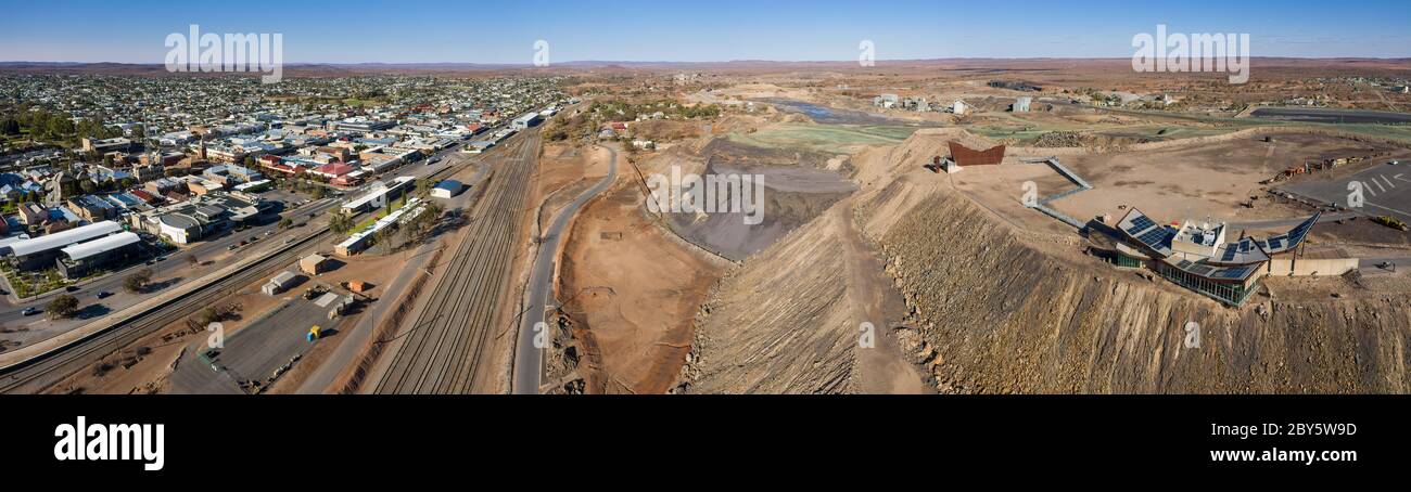 Broken Hill Australia December 2nd 2019 : Aerial panoramic view of the miners memorial and town of Broken Hill in New South Wales, Australia Stock Photo
