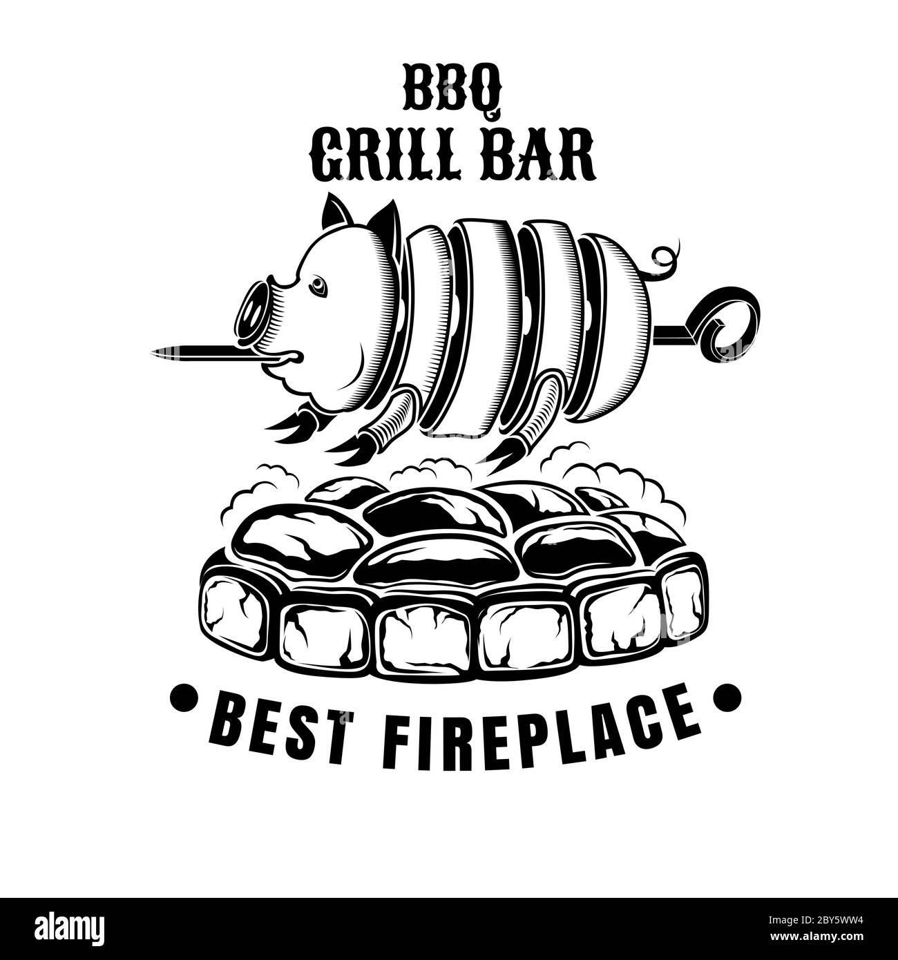 Label for grill bar, BBQ or public house. Pig strung on spit fried on charcoal Stock Vector