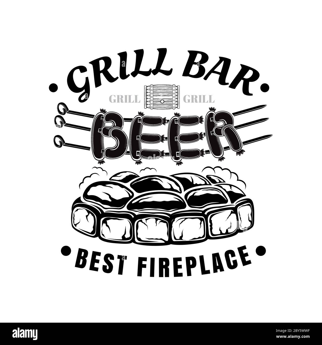 Label for grill bar, BBQ or public house. Word beer from sausages strung on spit grilled on charcoal Stock Vector