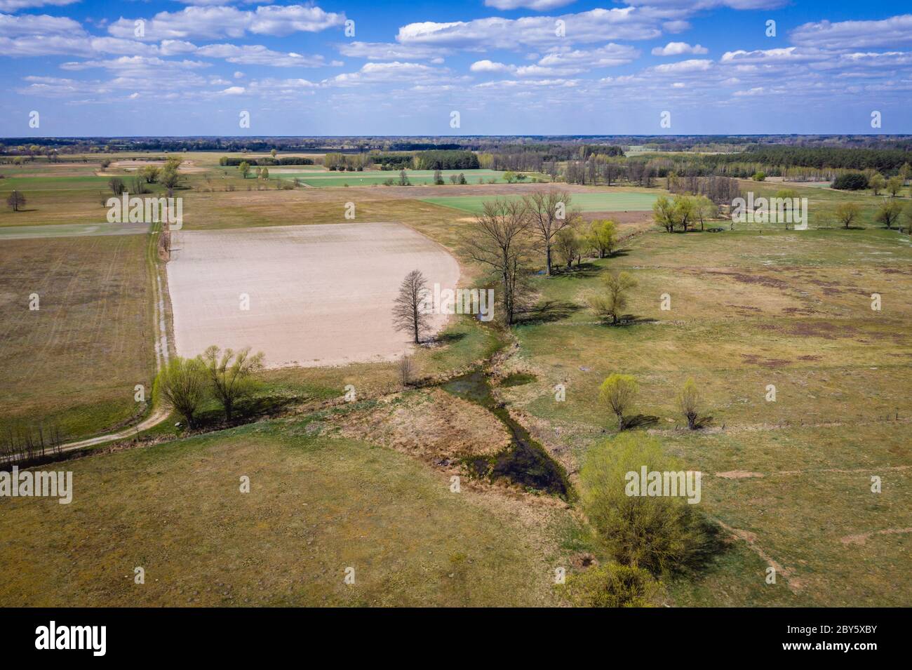 Aerial view of fields and grazing lands around small Jaczew village in Wegrow County, Poland Stock Photo