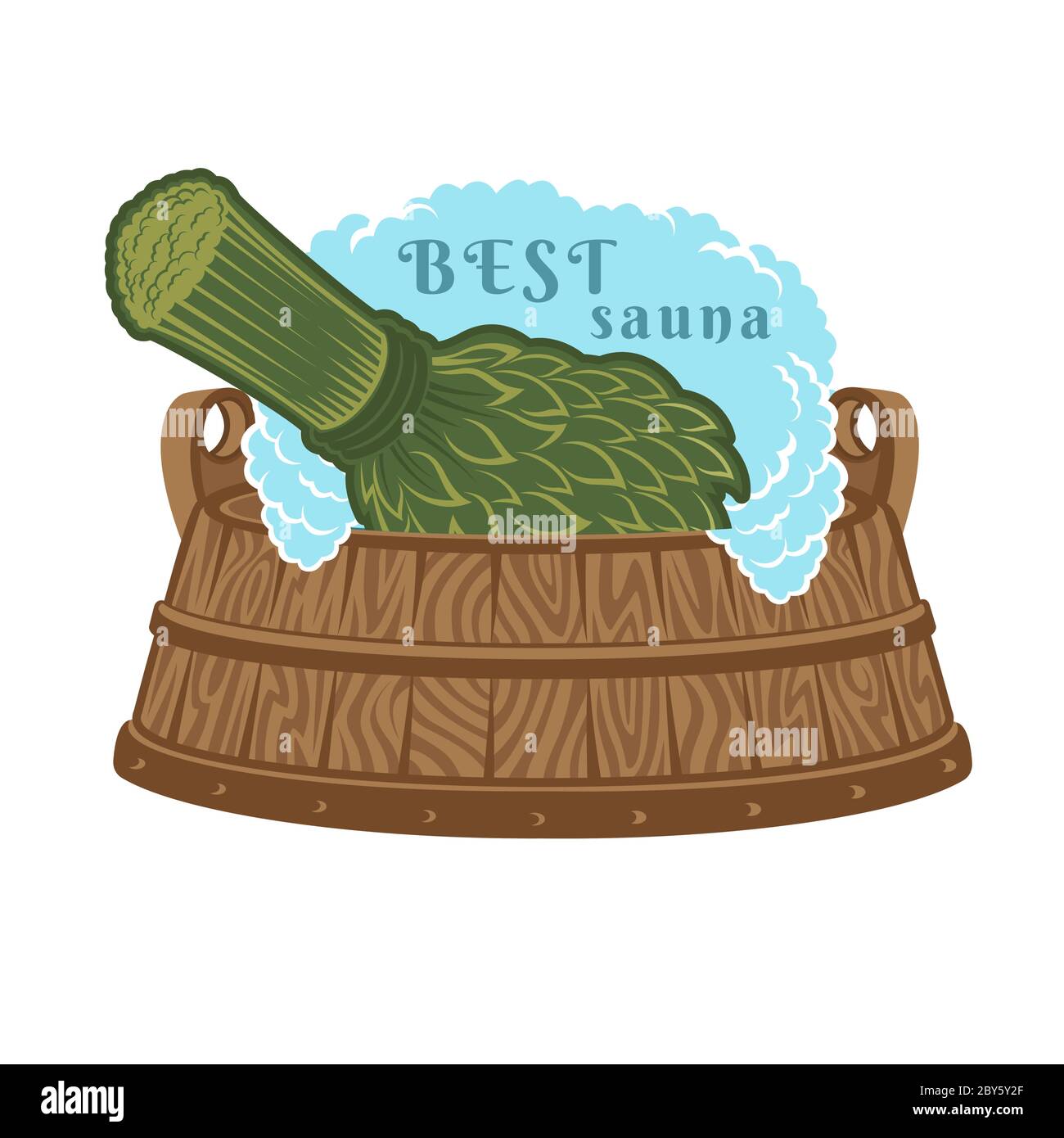 Label for sauna, banya or bathhouse. Besom in wooden tub. Color vector illustration. Stock Vector
