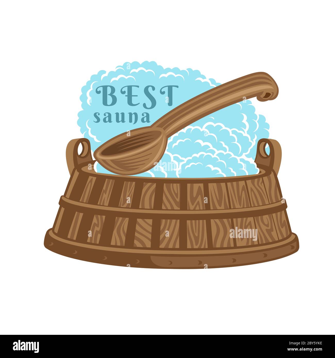 Label for sauna, banya or bathhouse. Ladle and wooden tub with steam. Color vector illustration Stock Vector