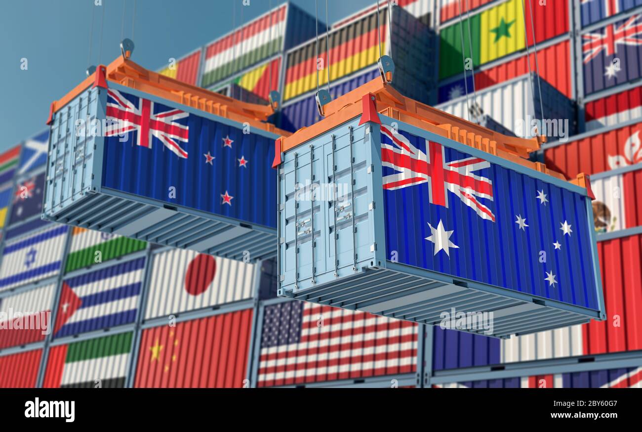 Freight containers on a Terminal with New Zealand and Australia flag