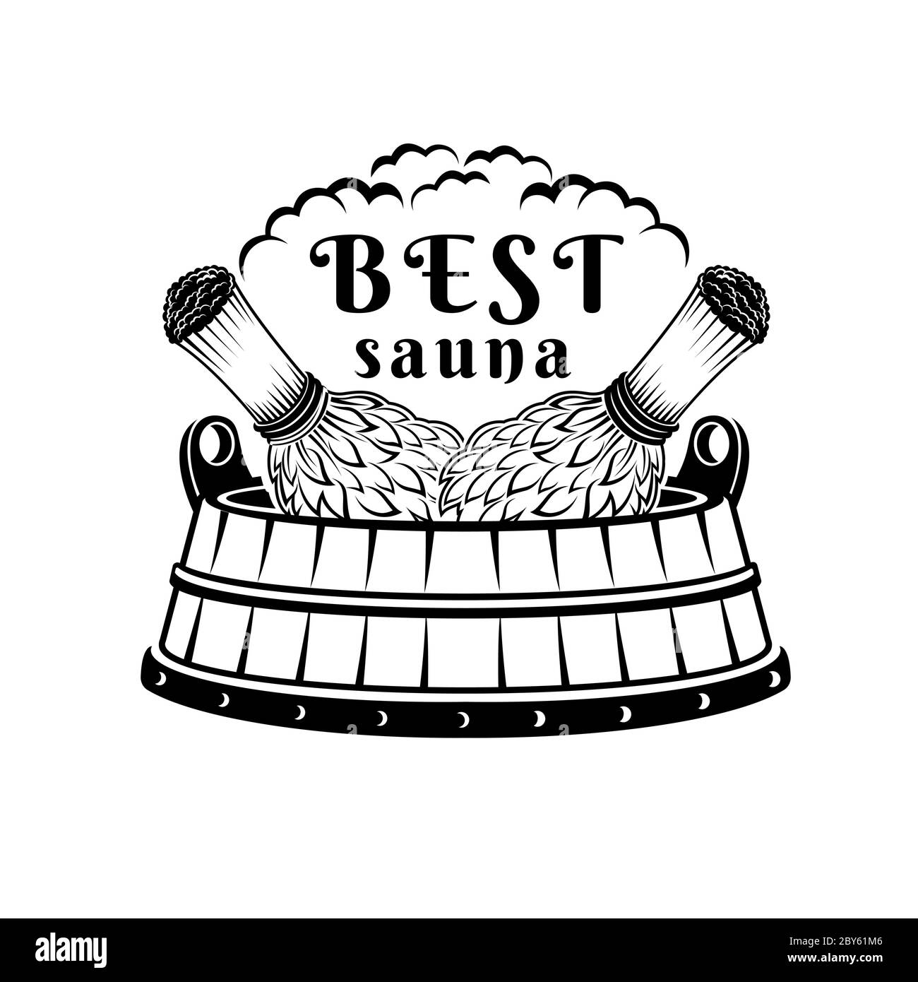 Label for sauna, banya or bathhouse. Two besom in wooden tub. Stock Vector