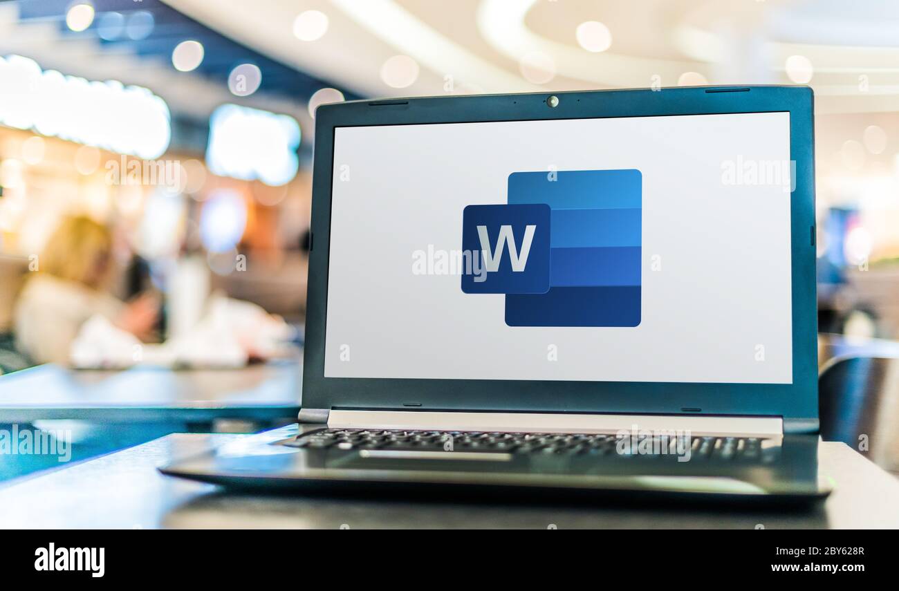 POZNAN, POL - APR 28, 2020: Laptop computer displaying logo of Microsoft Word, a word processor developed by Microsoft Stock Photo