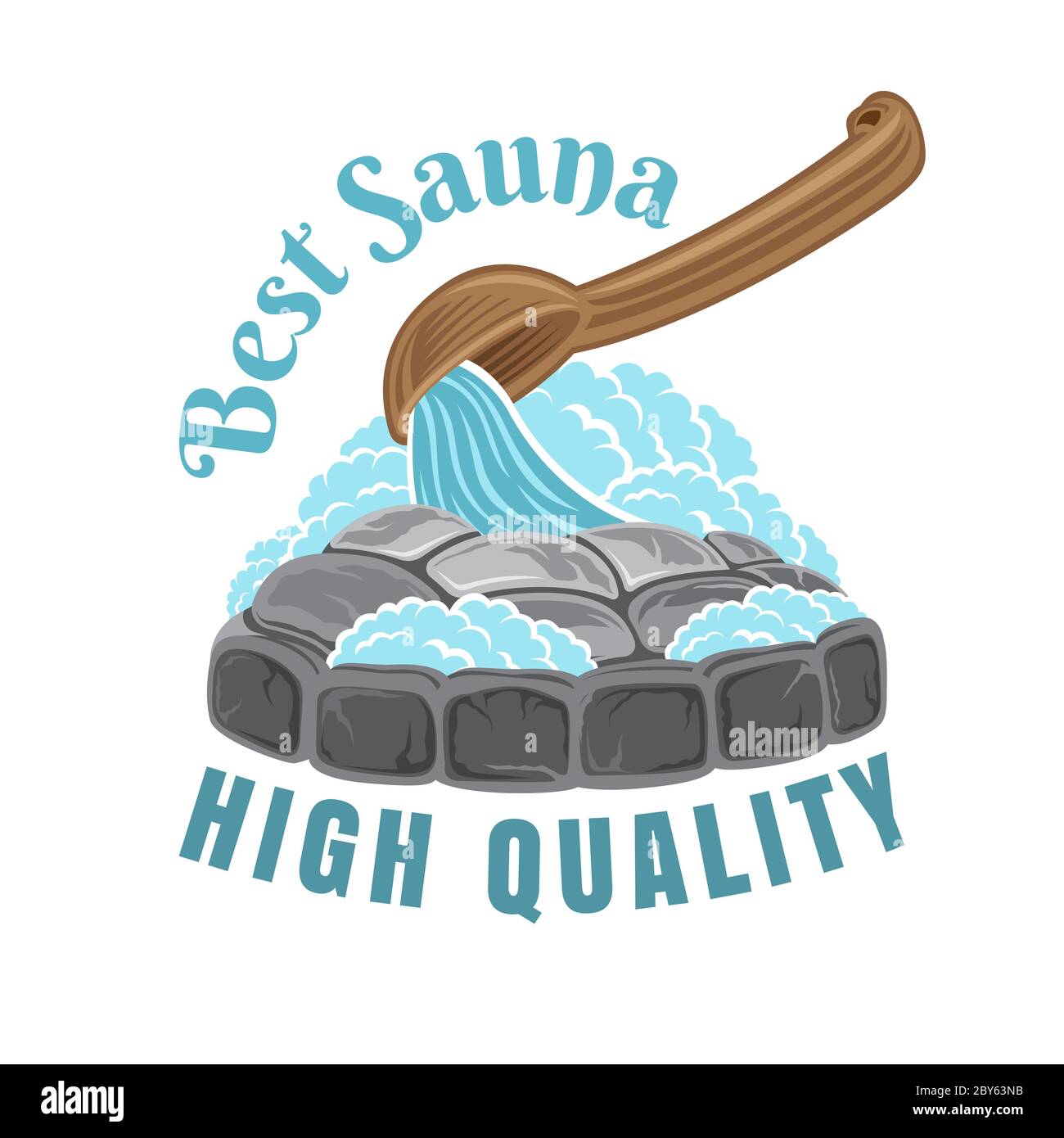 Lable for sauna, banya or bathhouse. Wooden ladle for sauna poure water hot stones with steam around. Color vector illustration. Stock Vector