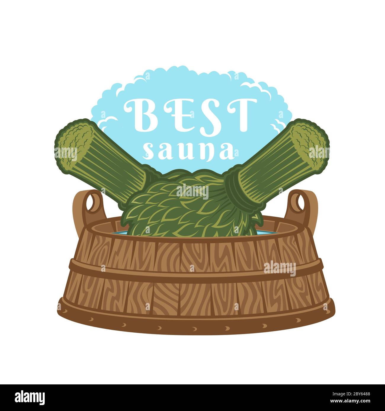 Label for sauna, banya or bathhouse. Two besom in wooden tub. Color vector illustration. Stock Vector