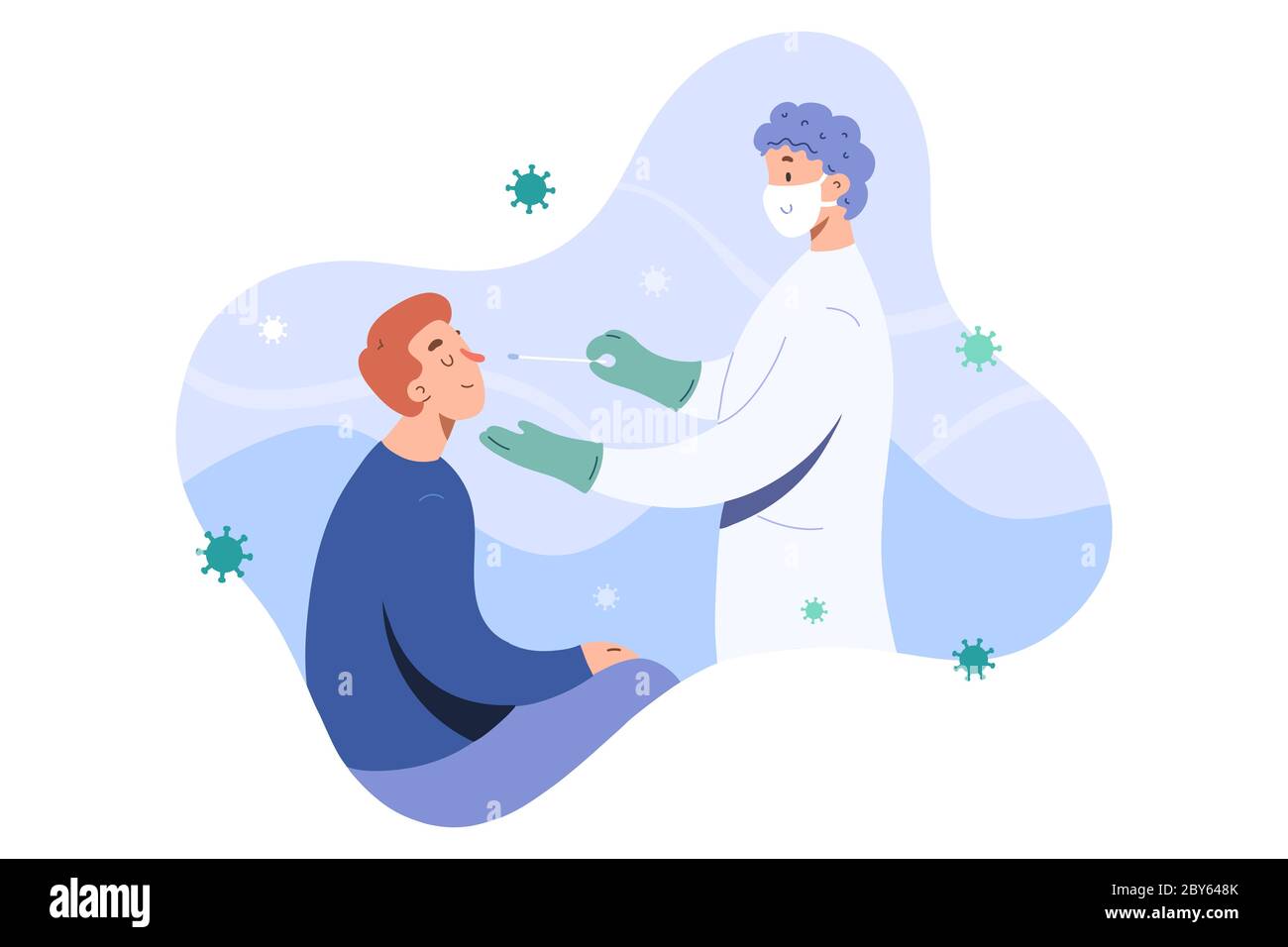 Covid test, doctor collects nose mucus by swab sample for covid-19 infection, patient being tested, lab analysis, medical checkup, flat cartoon vector Stock Vector