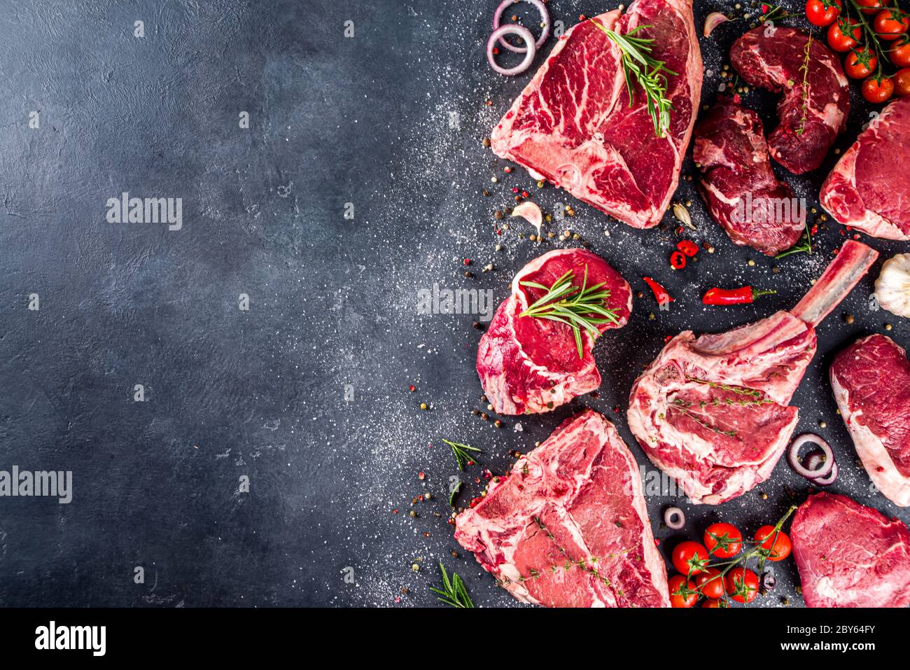 Set of various classic, alternative raw meat, veal beef steaks