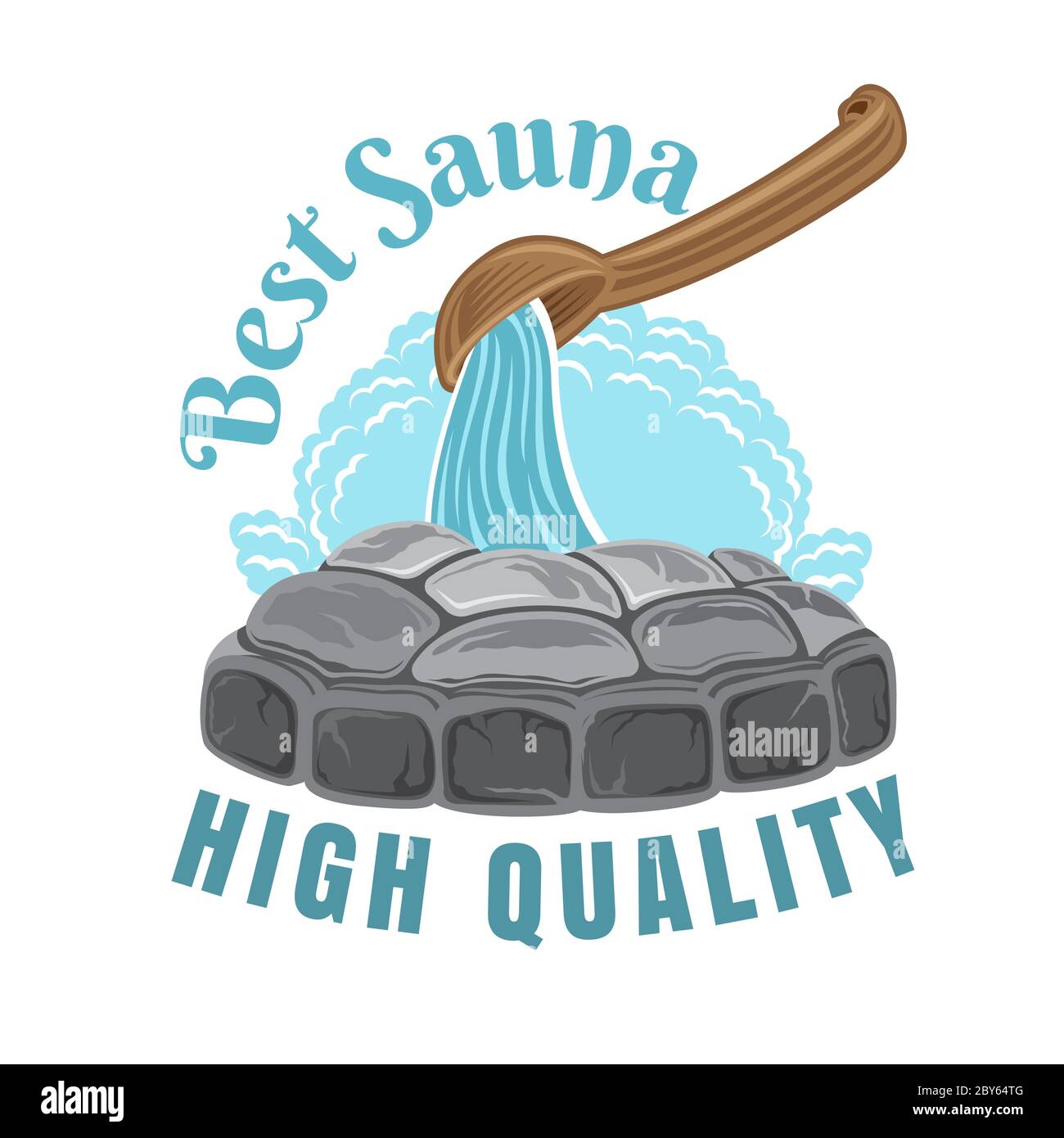 Lable for sauna, banya or bathhouse. Wooden ladle for sauna poure water hot stones with steam. Color vector illustration. Stock Vector