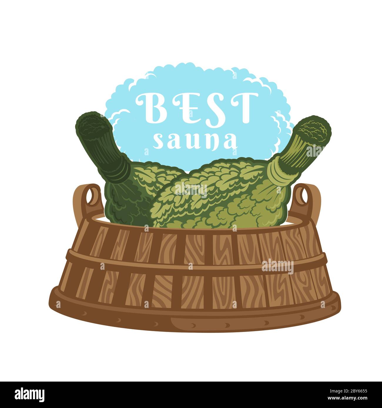 Label for sauna, banya or bathhouse. Two oak besoms in wooden tub. Color vector illustration. Stock Vector