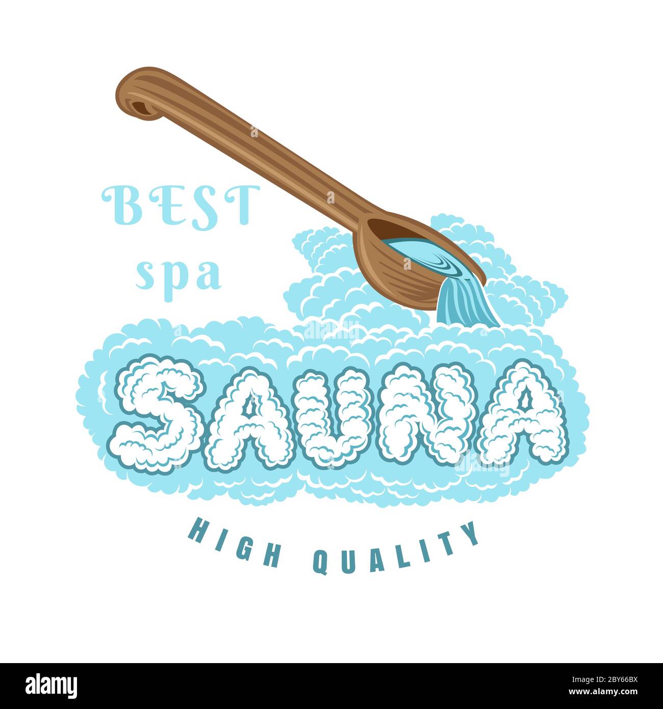 Lable for sauna, banya or bathhouse. Wooden ladle for sauna poure water on word sauna. Color vector illustration. Stock Vector