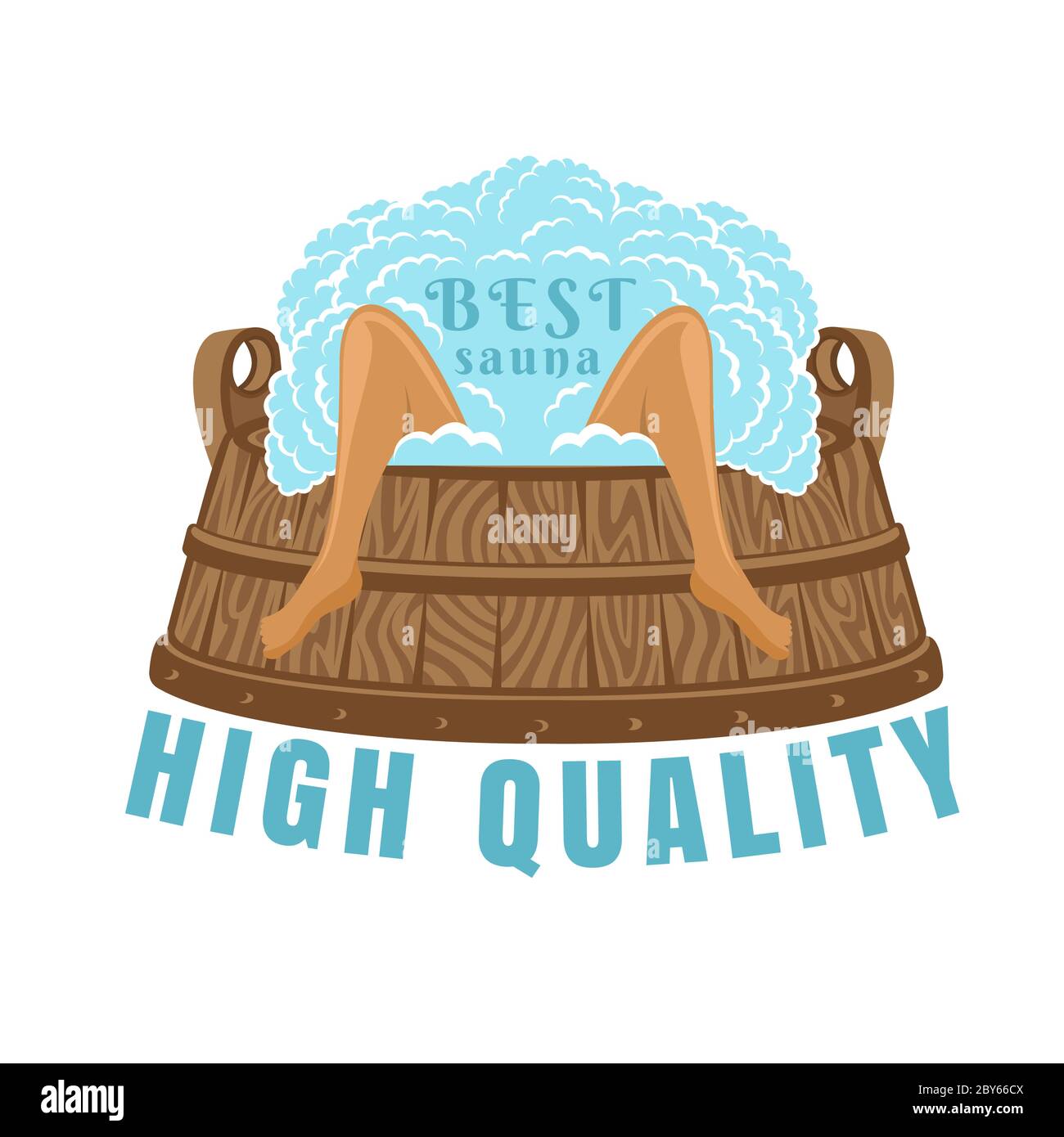 Label for sauna, banya or bathhouse. Two legs in the wooden tub with steam. Color vector illustration. Stock Vector