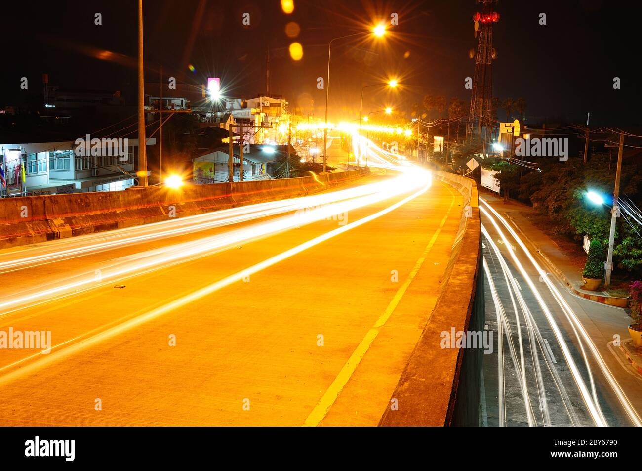 highway bridge at night with traces of light traffic Stock Photo - Alamy