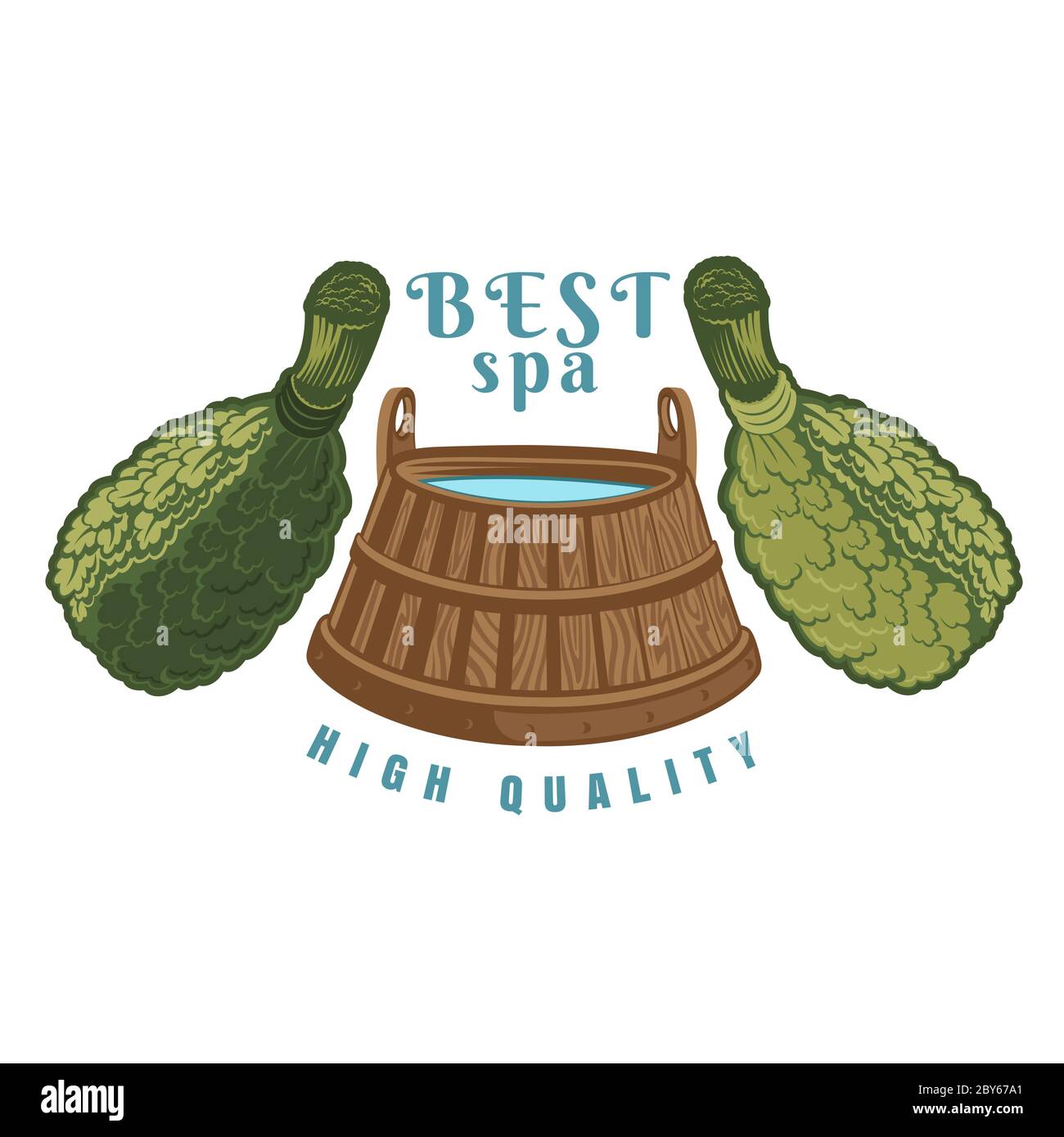 Label for sauna, banya or bathhouse. Wooden tub between oak besoms. Color vector illustration. Stock Vector