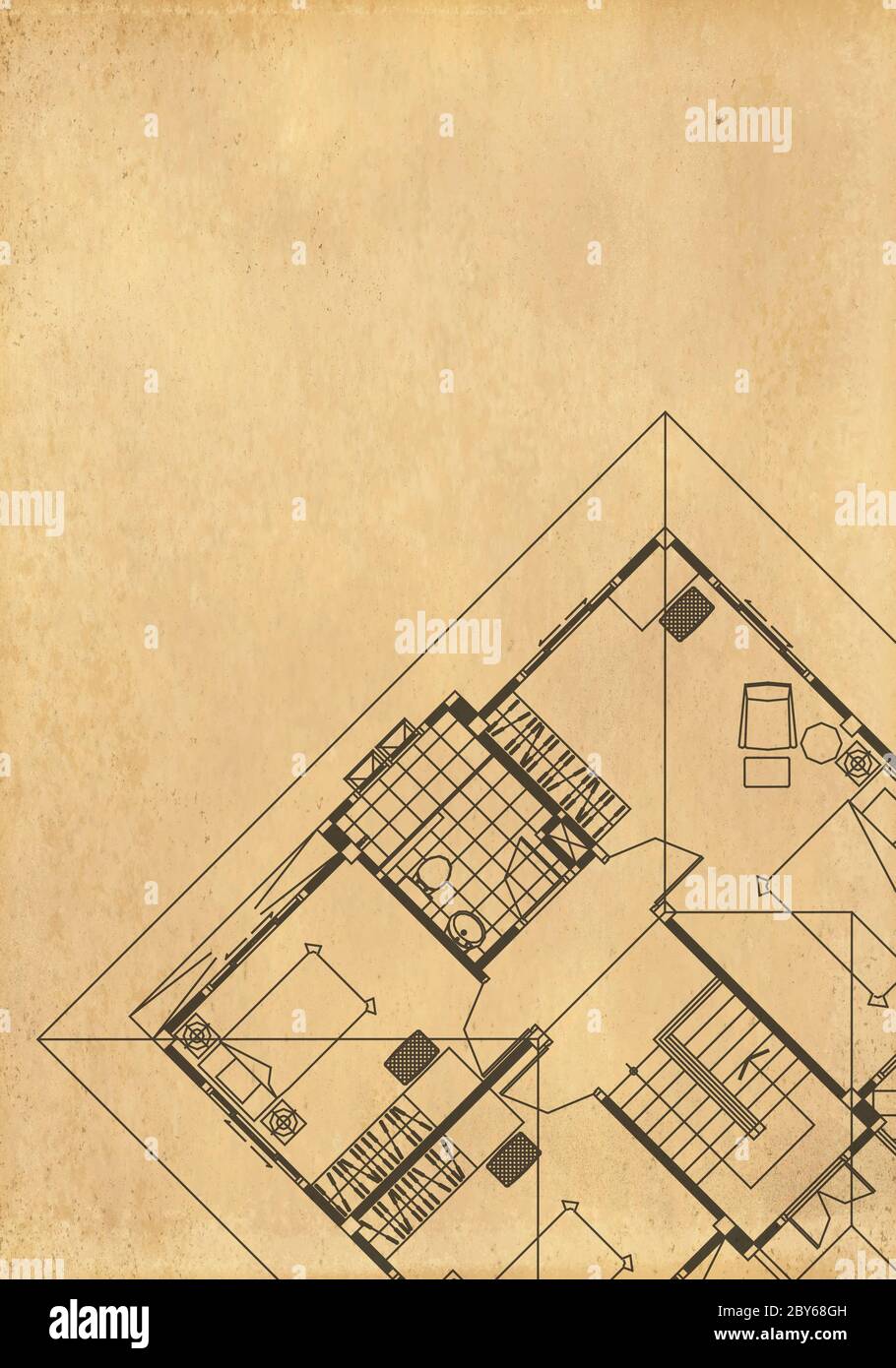 vintage architectural drawing, on grunge paper with some stains Stock Photo