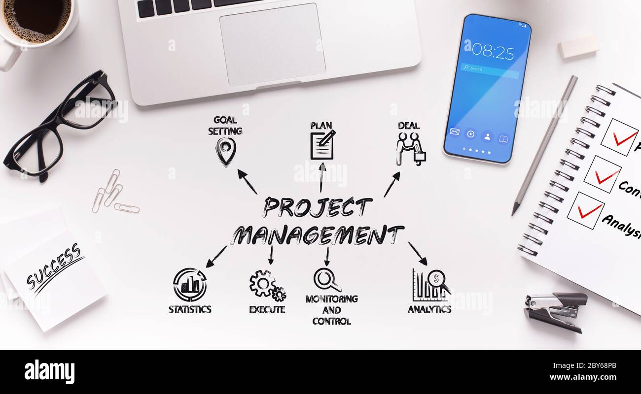 Schematic idea of project management over office desktop Stock Photo