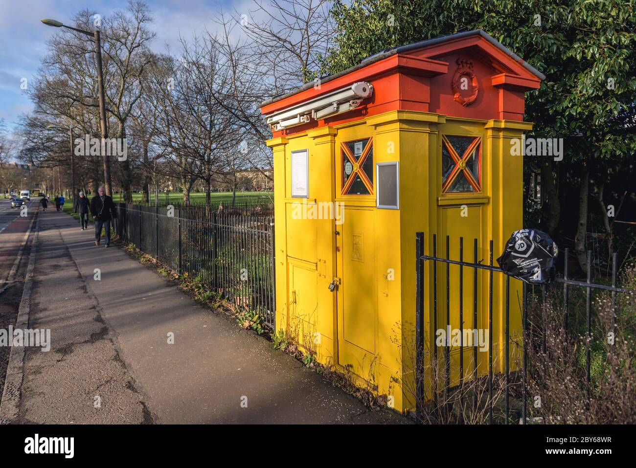 Old police call box in The Meadows public park in Edinburgh, the capital of Scotland, part of United Kingdom Stock Photo