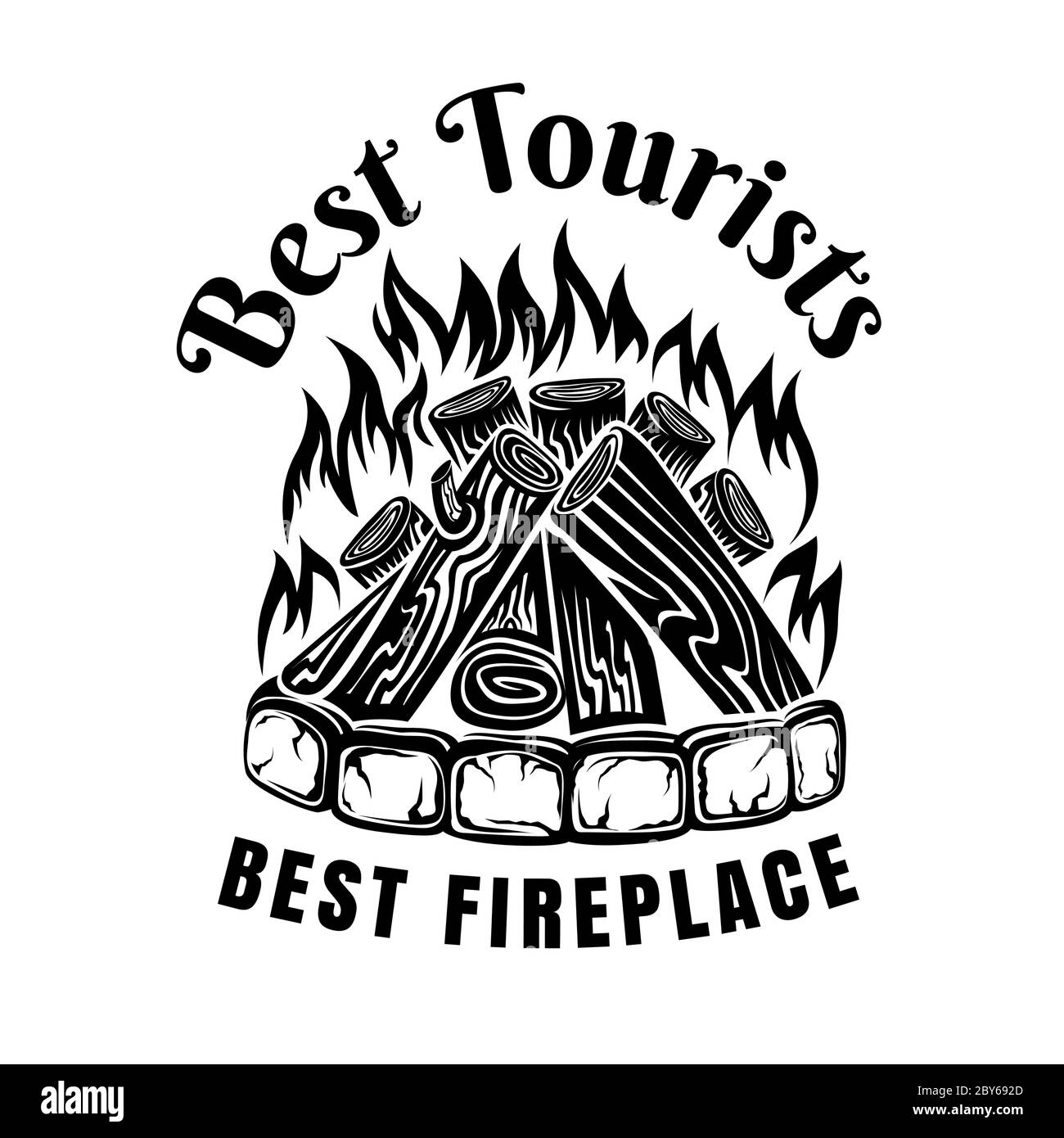 Label for tourist, BBQ or cooking. Fireplace with fire. Stock Vector