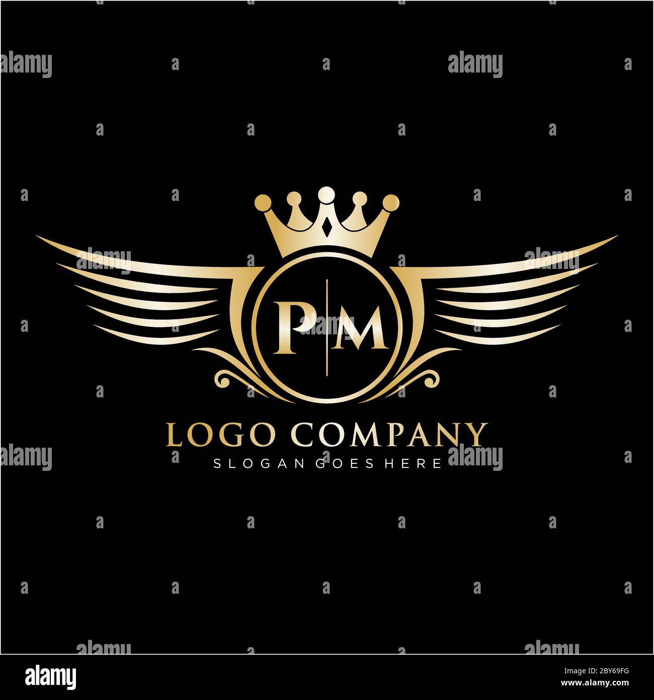 PM Letter Initial with Royal Wing Logo Template. Stock Vector