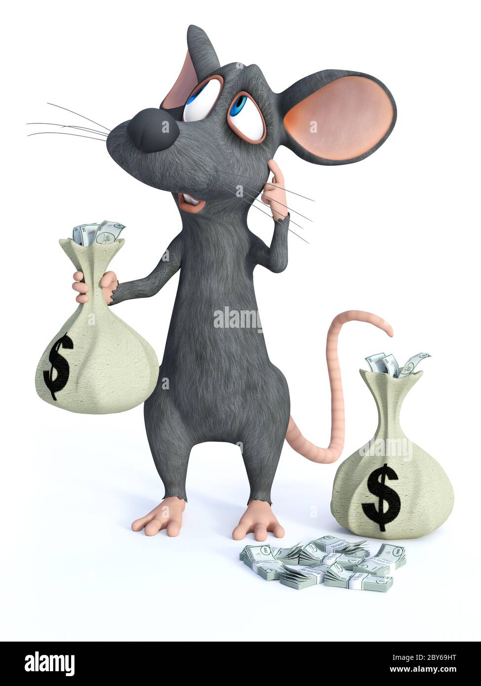 3D rendering of a cute cartoon mouse standing and holding a money bag in his hand while scratching his head thinking about something. White background Stock Photo