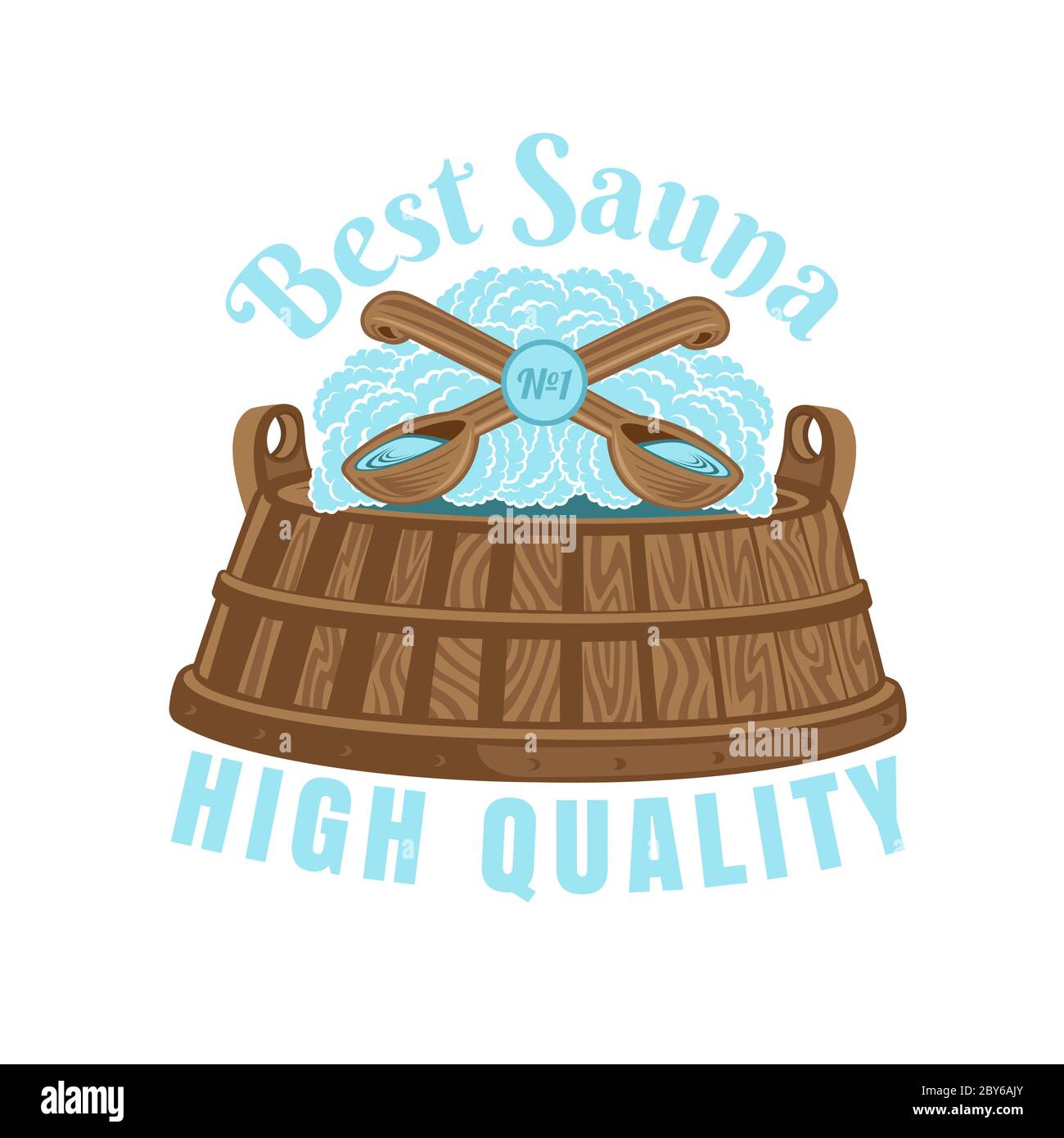 Label for sauna, banya or bathhouse. Wooden tub with two crossed ladles above. Color vector illustration Stock Vector