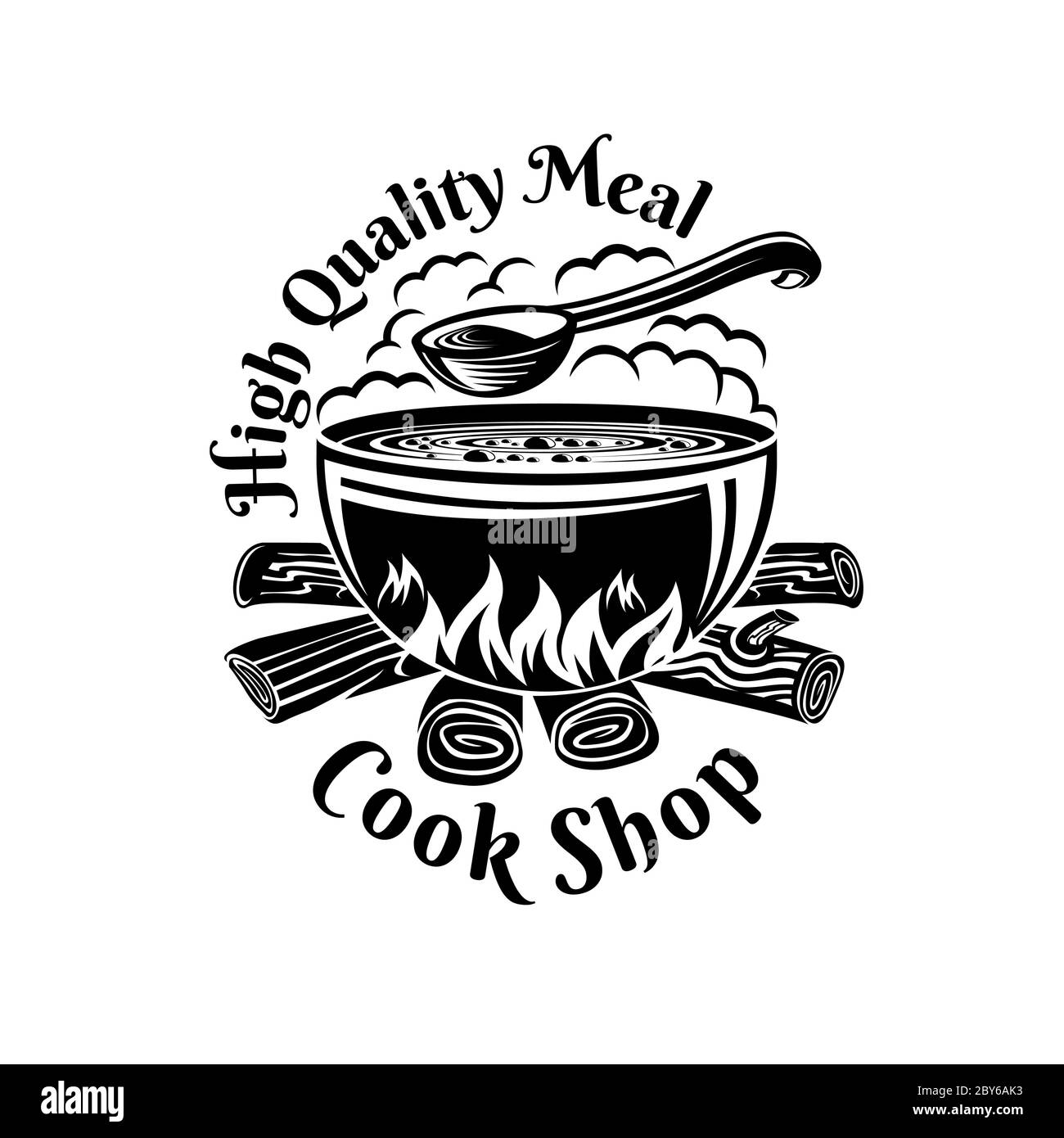 Logo for bar, cook shop or tavern. Cauldron on fire with spoon on top and meal inside Stock Vector