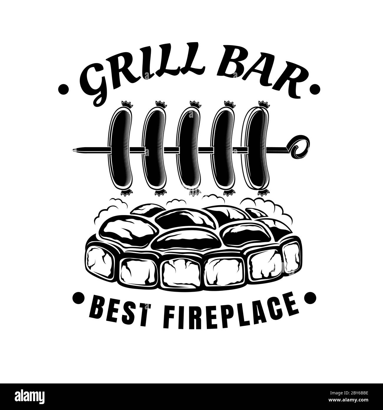 Label for grill bar, BBQ or public house. Sausages strung on skewers grilled on charcoal Stock Vector