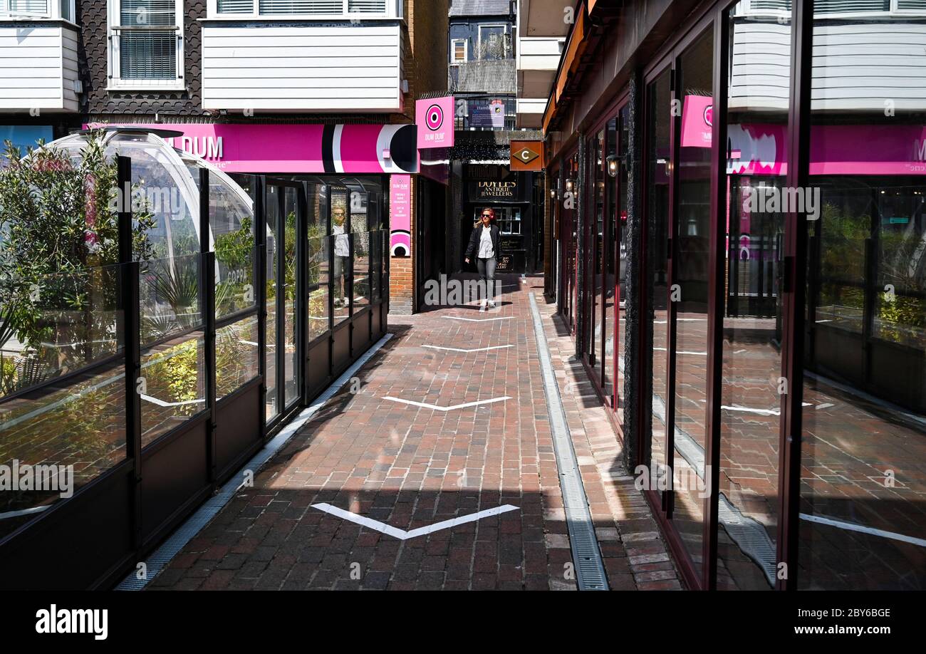 Brighton UK 9th June 2020 - A one way system has been put in place around parts of The Lanes area of Brighton as more non essential shops and cafes prepare to reopen during easing of lockdown restrictions in the Coronavirus COVID-19 pandemic crisis  . Credit: Simon Dack / Alamy Live News Stock Photo