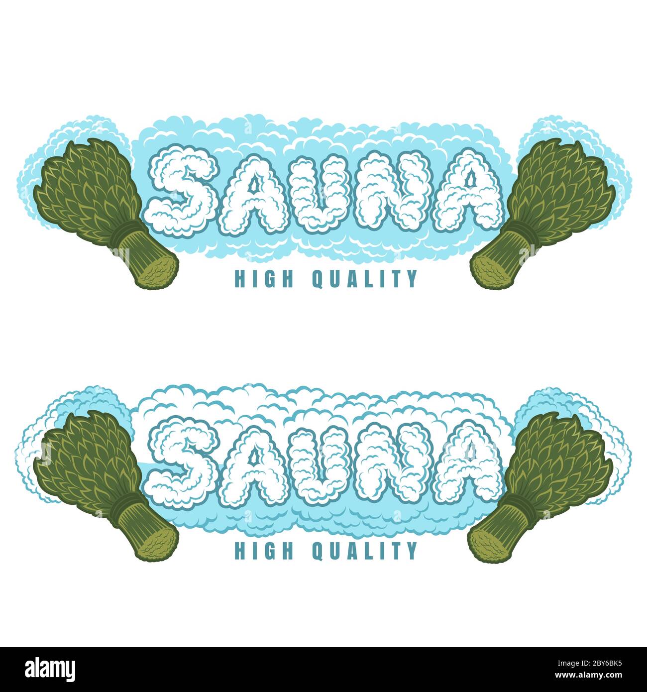Label for sauna, banya or bathhouse. Word sauna from steam between two sauna brooms. Vector color illustration. Stock Vector