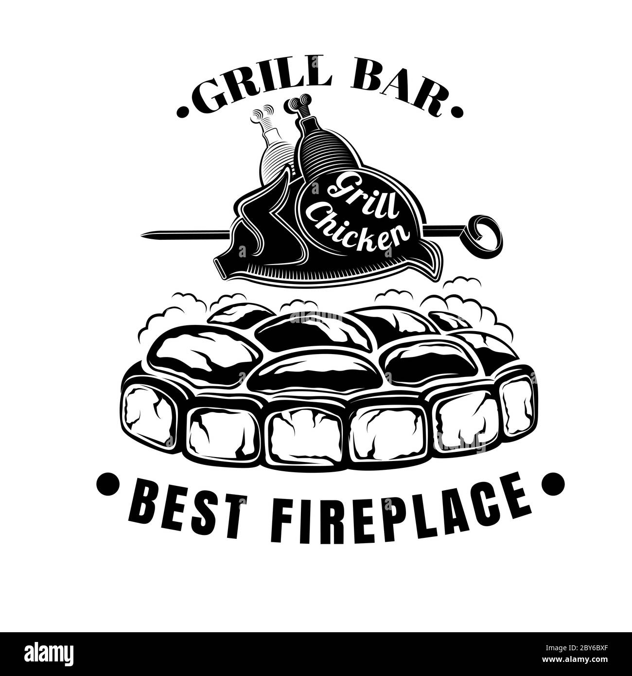 Label for grill bar, BBQ or public house. hicken strung on spit fried on charcoal Stock Vector