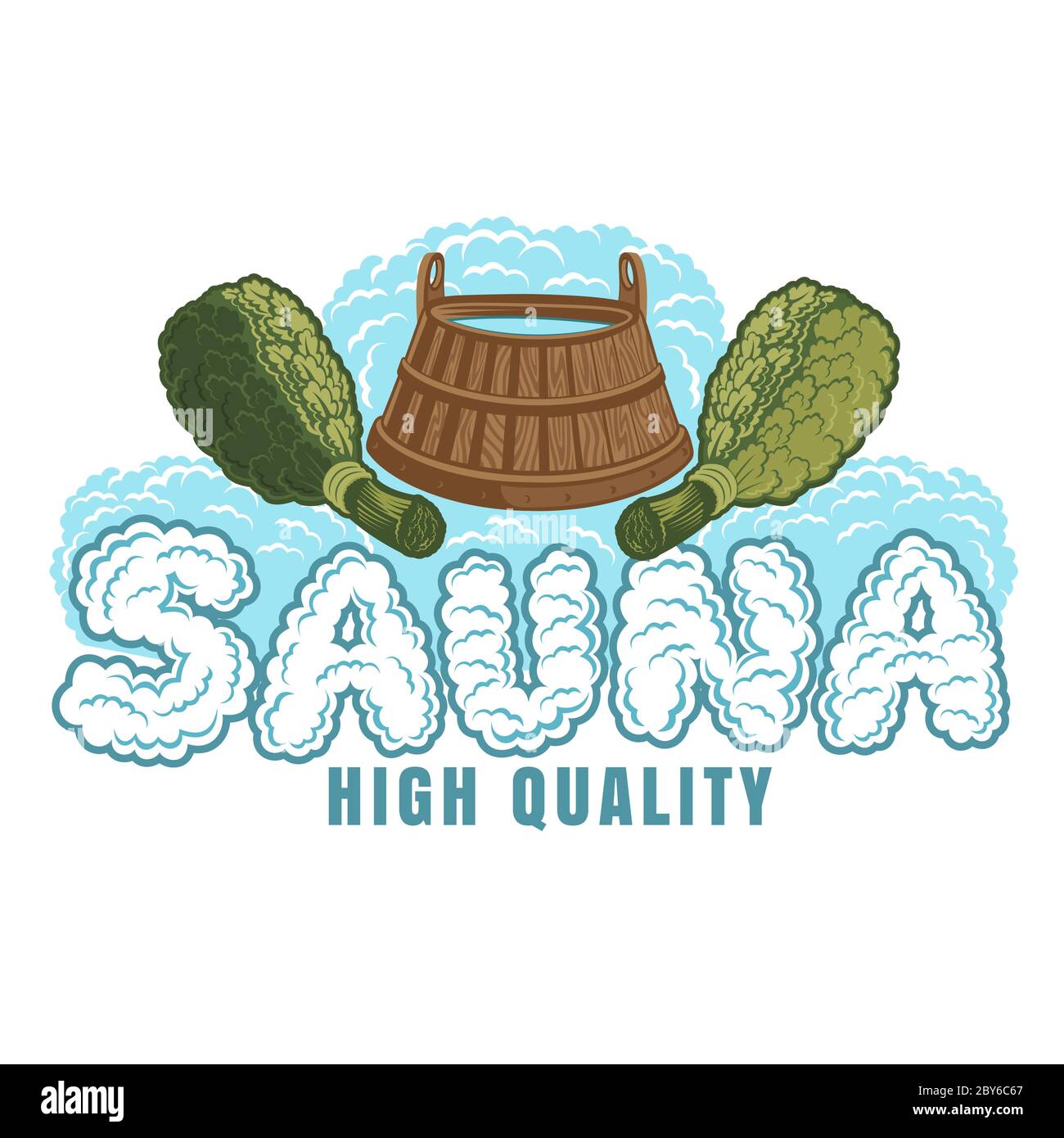Label for sauna, banya or bathhouse. Sauna word from steam under wooden tub between oak besoms. Color vector illustration Stock Vector