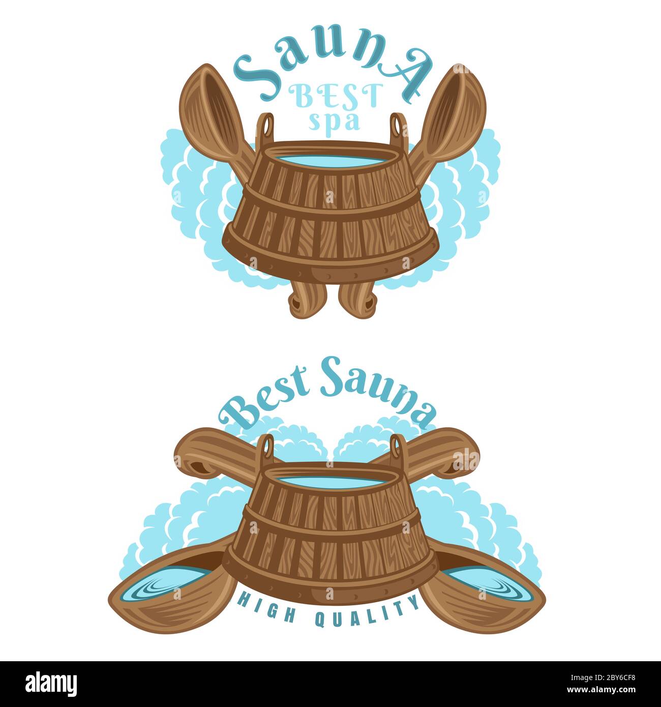 Two labels for sauna, banya or bathhouse. Wooden tub with two crossed ladles. Color vector illstartion Stock Vector