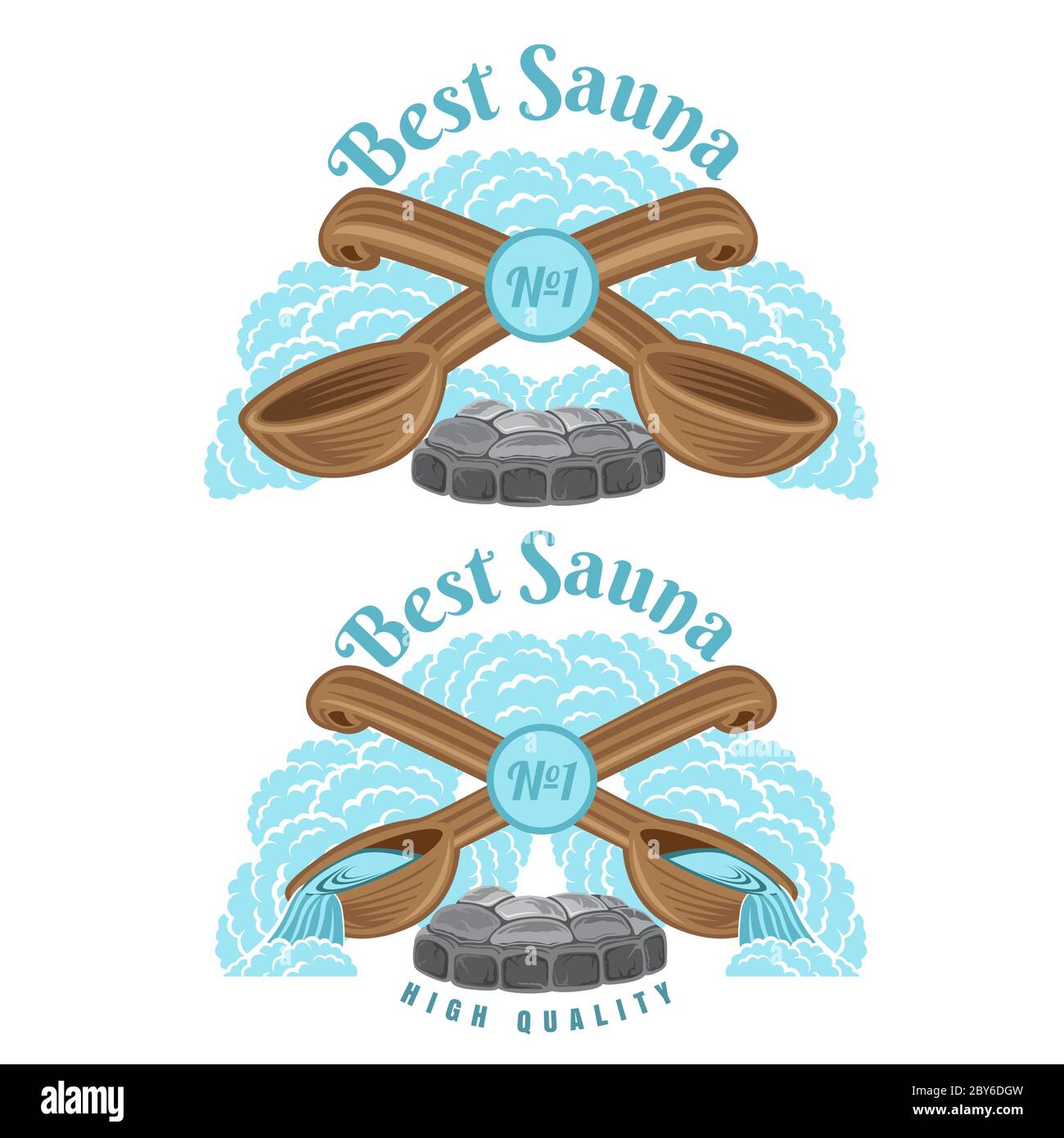 Two labels for sauna or bathhouse. Two crossed wooden ladle for sauna with fireplace and steam around. Color vector illustration Stock Vector