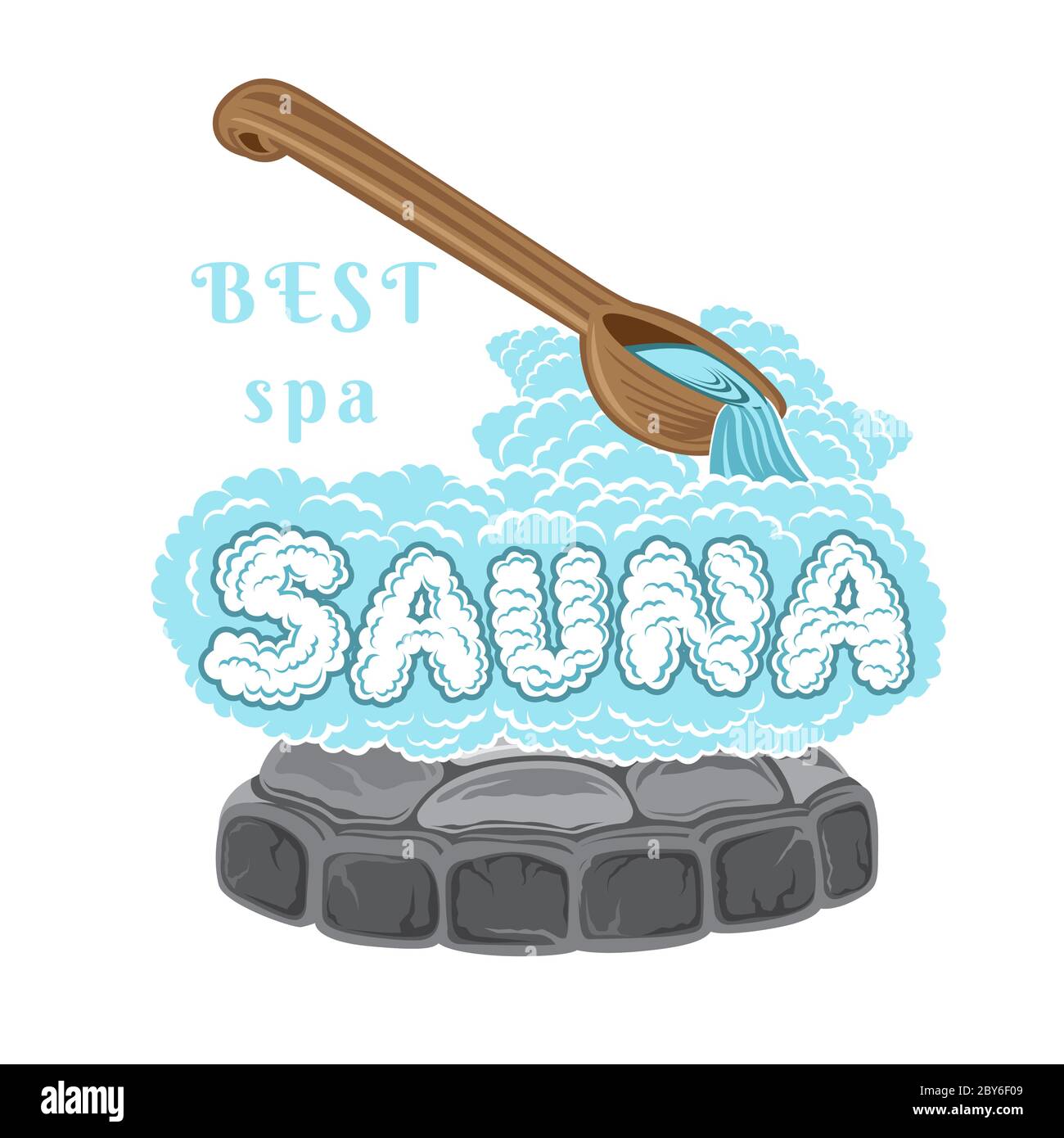 Lable for sauna, banya or bathhouse. Wooden ladle for sauna poure water on hot stones and word sauna. Color vector illustration Stock Vector