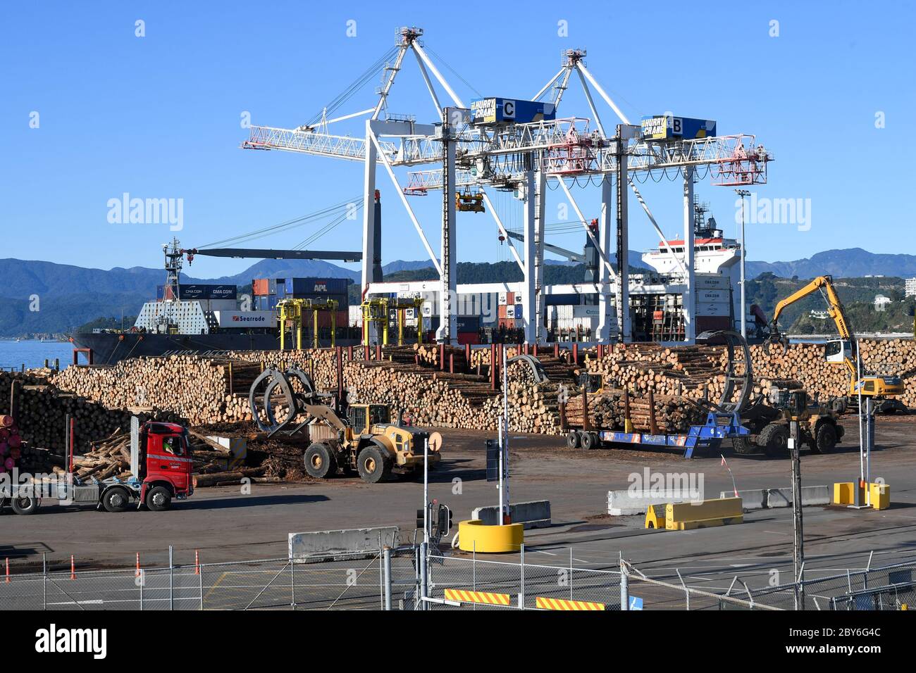 Wellington, New Zealand. 9th June, 2020. Piles of logs are pictured at a port in Wellington, New Zealand, June 9, 2020. The Ministry of Health reported no cases of COVID-19 in New Zealand on Tuesday, the first day of epidemic Alert Level 1, 18 days since the last new case was reported in the country. Credit: Guo Lei/Xinhua/Alamy Live News Stock Photo