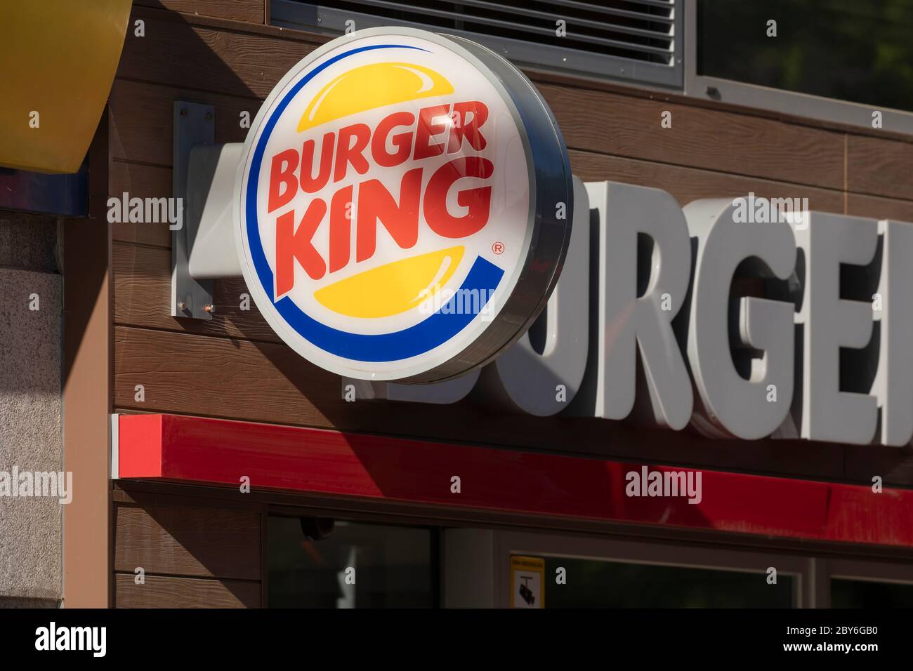 Madrid, Spain - May 18, 2020: Main access area to the fast food and hamburger restaurant, Burger King, in the Retiro district, Ibiza street. Stock Photo