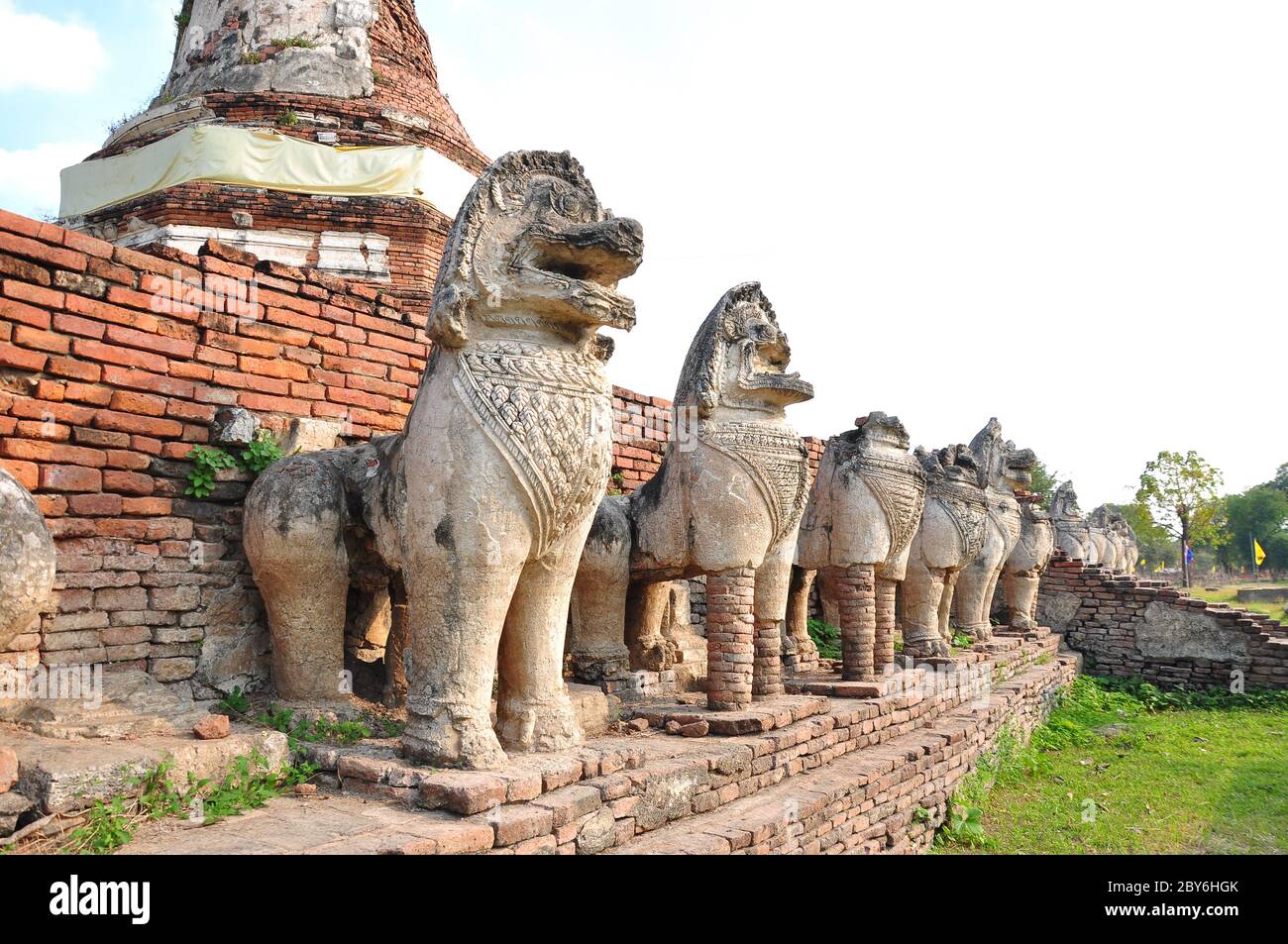 Ruins lion statue in Ayutthaya Historical Park, Thailand Stock Photo