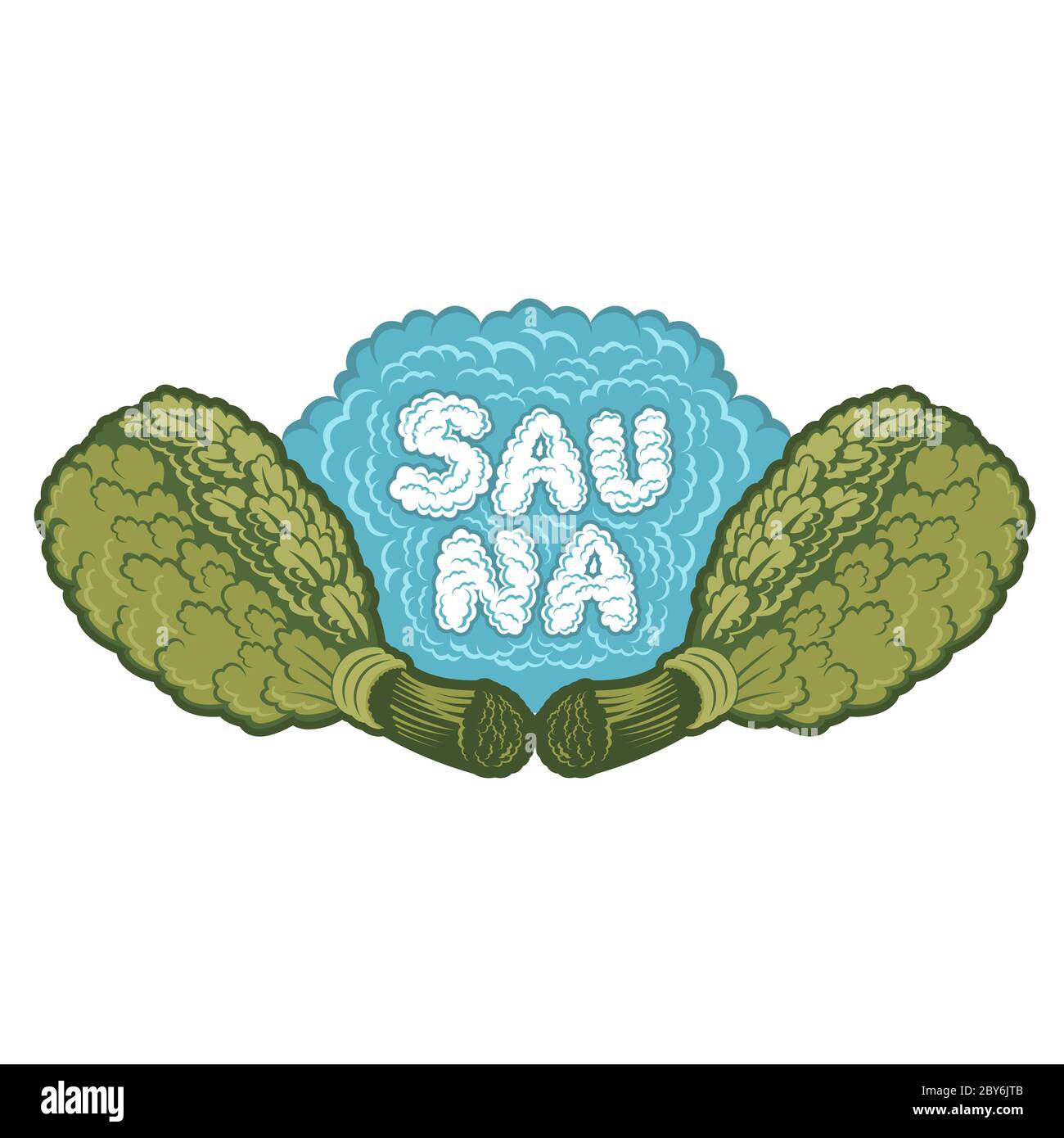 Label for sauna, banya or bathhouse. Word sauna inside steam between two oak besoms. Color vector illustration. Stock Vector