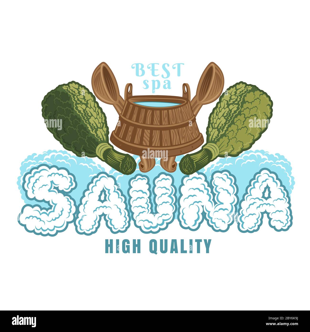 Label for sauna, banya or bathhouse. Wooden tub between two oak besoms with crossed ladles. Color vector illustration. Stock Vector