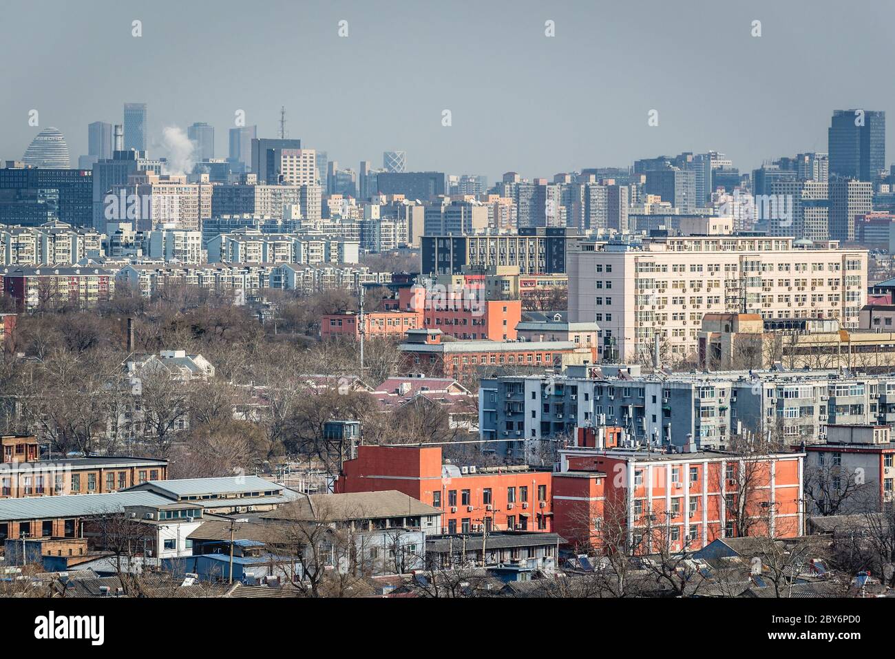 Aerial view from Pavilion of Everlasting Spring Pavilion in Jingshan Park in Beijing, China with modern office buildings on background Stock Photo